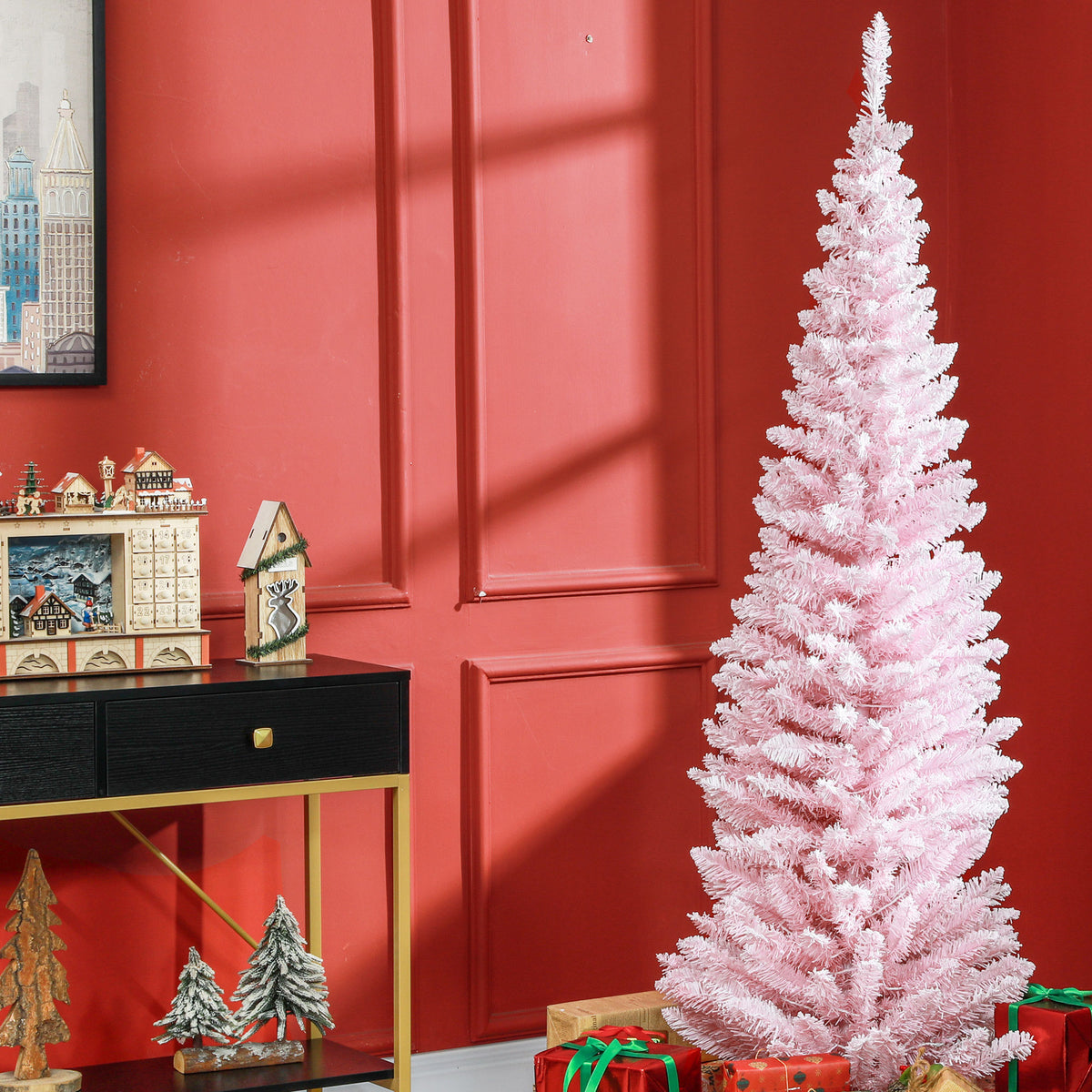6' Tall Pre-Lit Slim Noble Fir Artificial Pencil Christmas Tree with 170 Warm White LED Lights and 390 Tips, for Christmas Decoration, Pink
