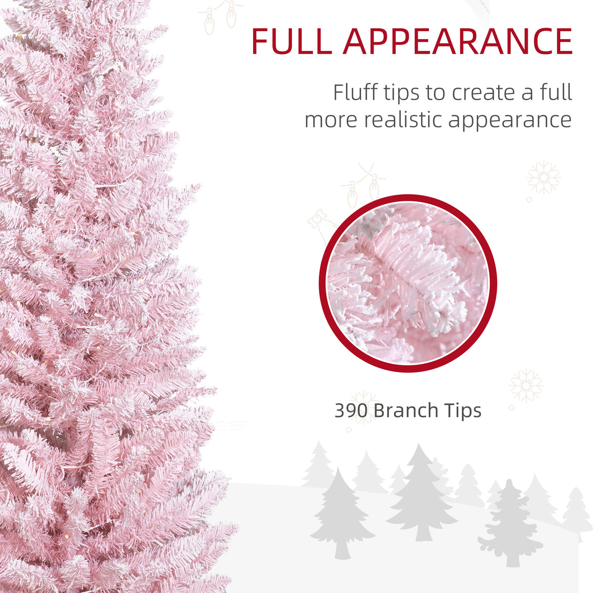6' Tall Pre-Lit Slim Noble Fir Artificial Pencil Christmas Tree with 170 Warm White LED Lights and 390 Tips, for Christmas Decoration, Pink