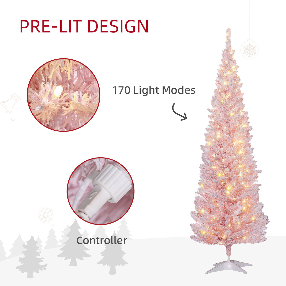 6' Tall Pre-Lit Slim Noble Fir Artificial Pencil Christmas Tree with 170 Warm White LED Lights and 390 Tips, for Christmas Decoration, Pink
