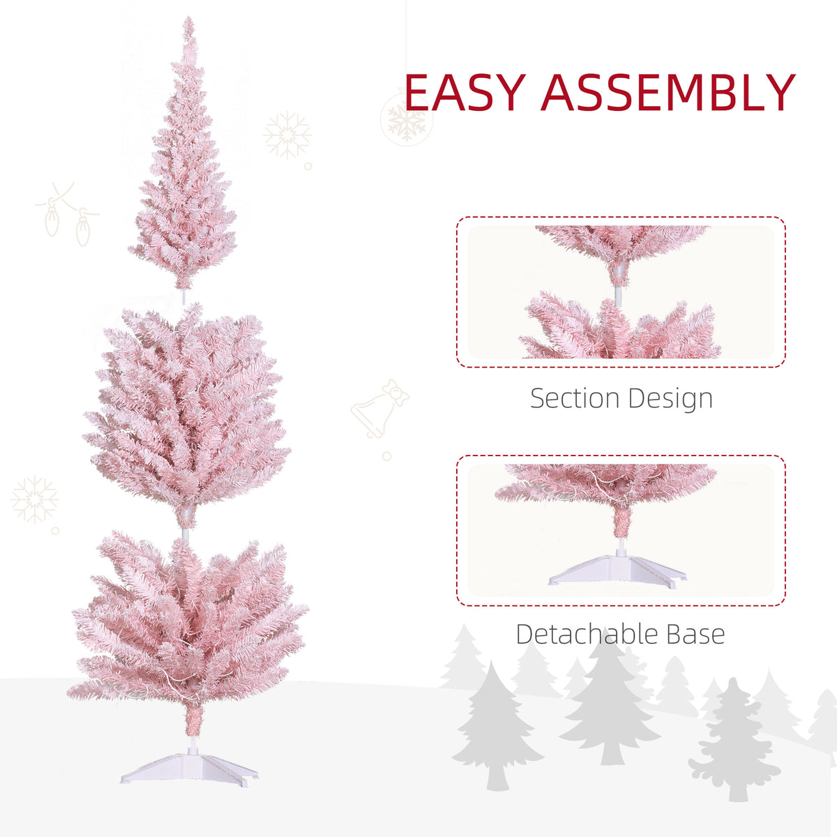 6' Tall Pre-Lit Slim Noble Fir Artificial Pencil Christmas Tree with 170 Warm White LED Lights and 390 Tips, for Christmas Decoration, Pink