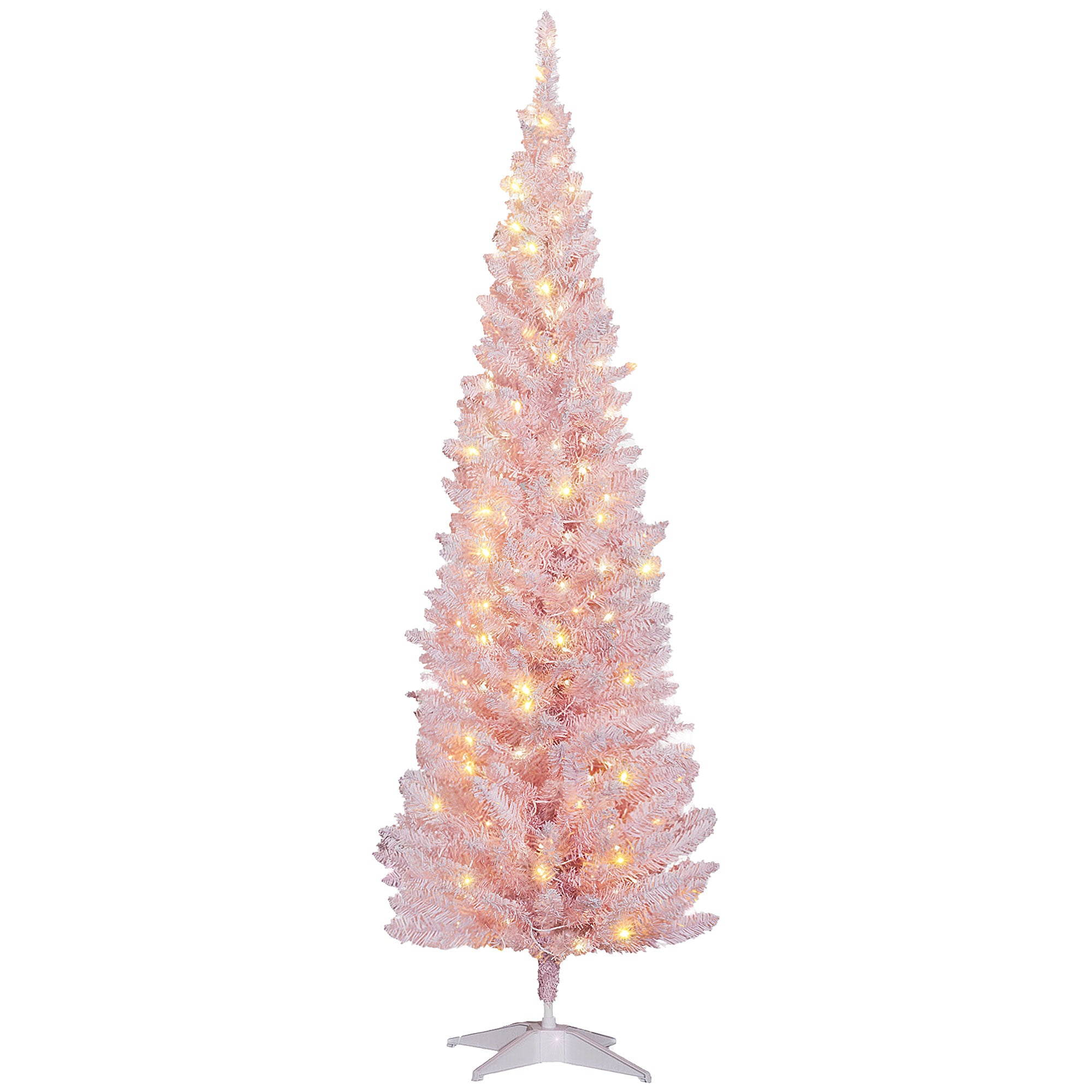 6' Tall Pre-Lit Slim Noble Fir Artificial Pencil Christmas Tree with 170 Warm White LED Lights and 390 Tips, for Christmas Decoration, Pink