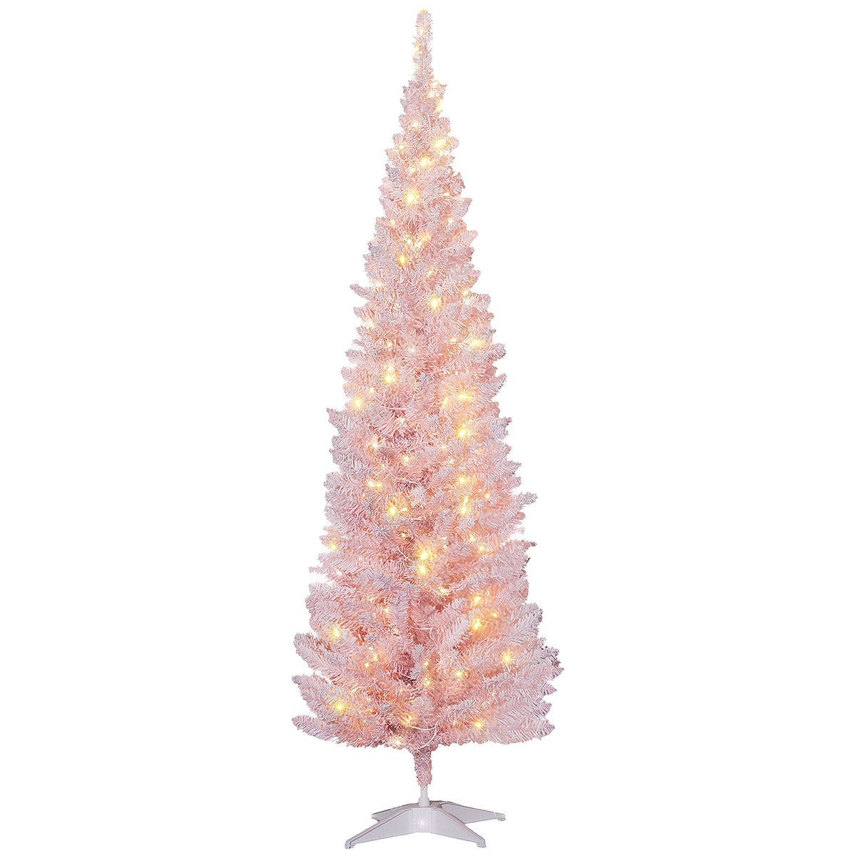 6' Tall Pre-Lit Slim Noble Fir Artificial Pencil Christmas Tree with 170 Warm White LED Lights and 390 Tips, for Christmas Decoration, Pink