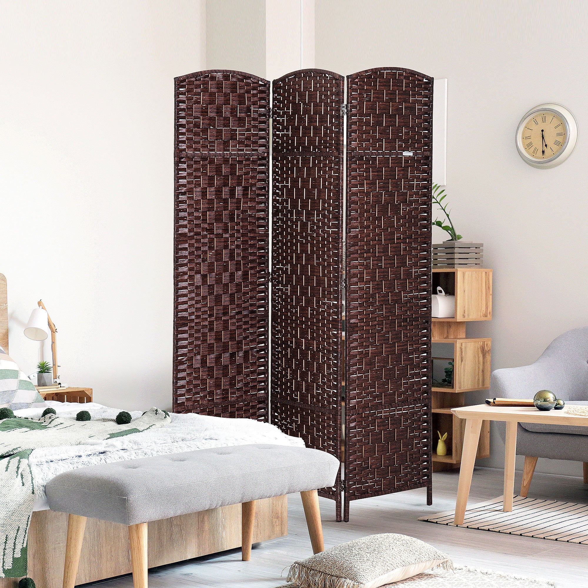 HOMCOM 3 Panels Room Divider, 6 Ft Tall Indoor Portable Folding Privacy Screens, Hand-Woven Double Hinged Freestanding Partition Wall Divider for Home Office, Brown
