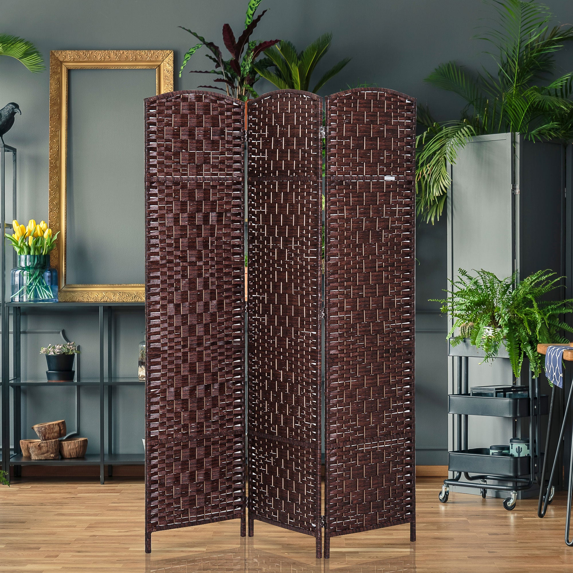 HOMCOM 3 Panels Room Divider, 6 Ft Tall Indoor Portable Folding Privacy Screens, Hand-Woven Double Hinged Freestanding Partition Wall Divider for Home Office, Brown