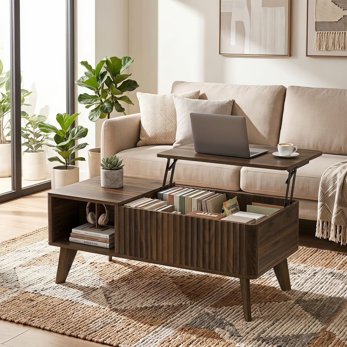 40" Fluted Lift Top Coffee Table with Storage, Mid-Century Modern Coffee Table with Hidden Compartment, Open Shelf and Rounded Corners for Living Room, Walnut
