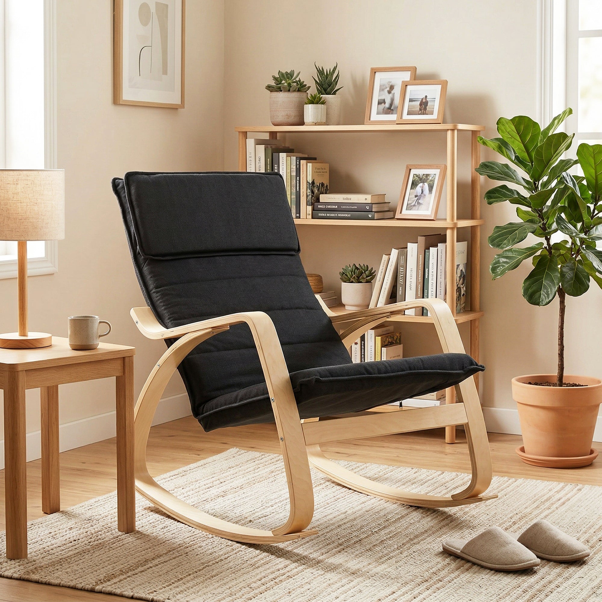 Comfortable Relax Rocking Chair, Upholstered Lounge Chair with High Back and Headrest for Living Room, Bedroom, Black