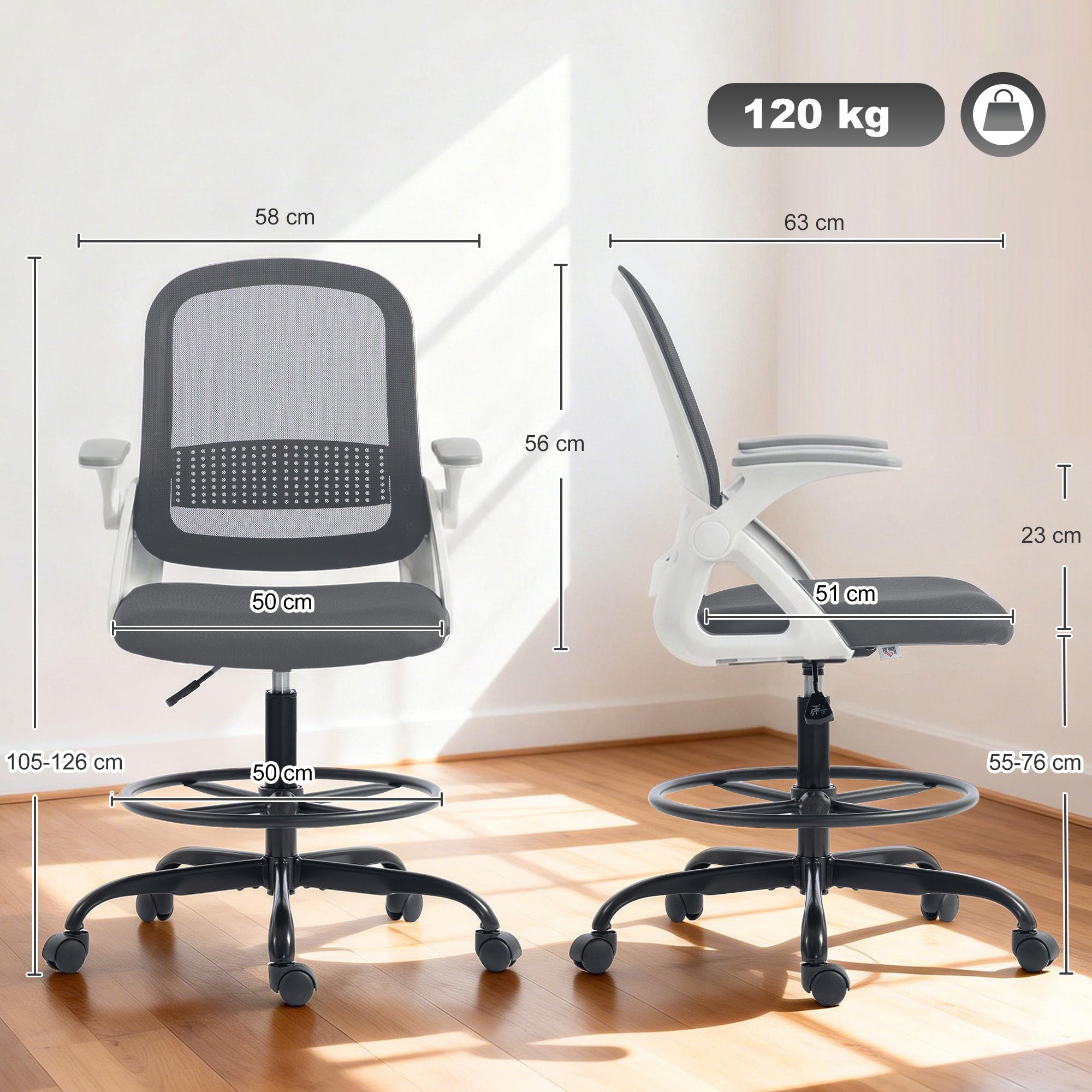 Drafting Chair, Mesh Standing Desk Chair with Flip-up Armrests, Adjustable Height and Footrest, Lumbar Support, Rolling Wheels for Home Office, Grey