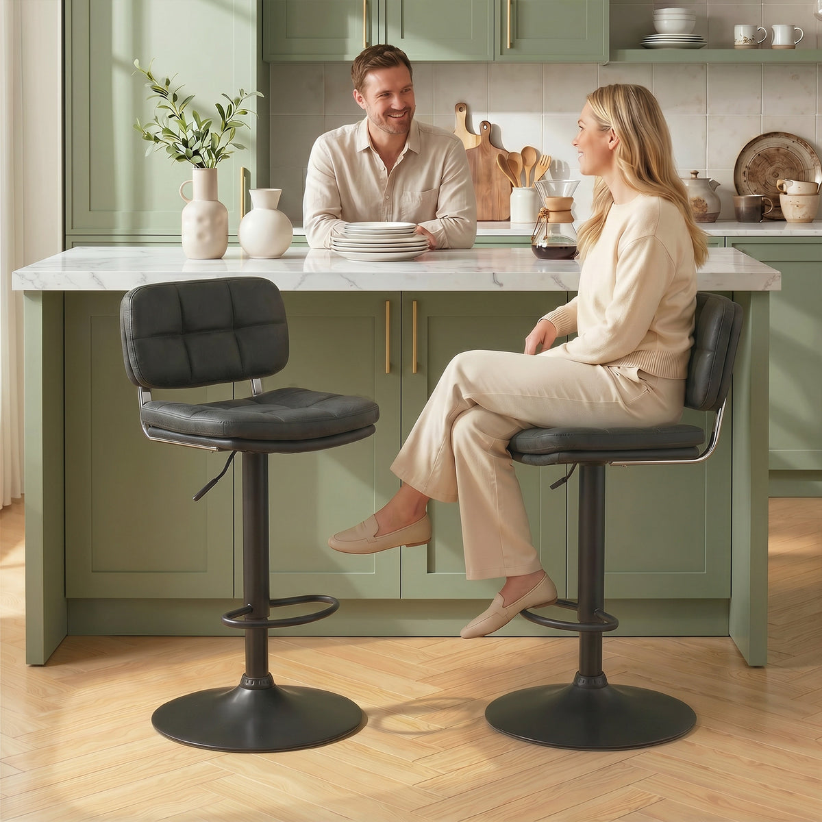 Bar Stools Set of 2, Swivel Counter Height Barstools with Adjustable Height, Back and Footrest, PU Leather Upholstered Bar Chairs for Home Kitchen Island, Black