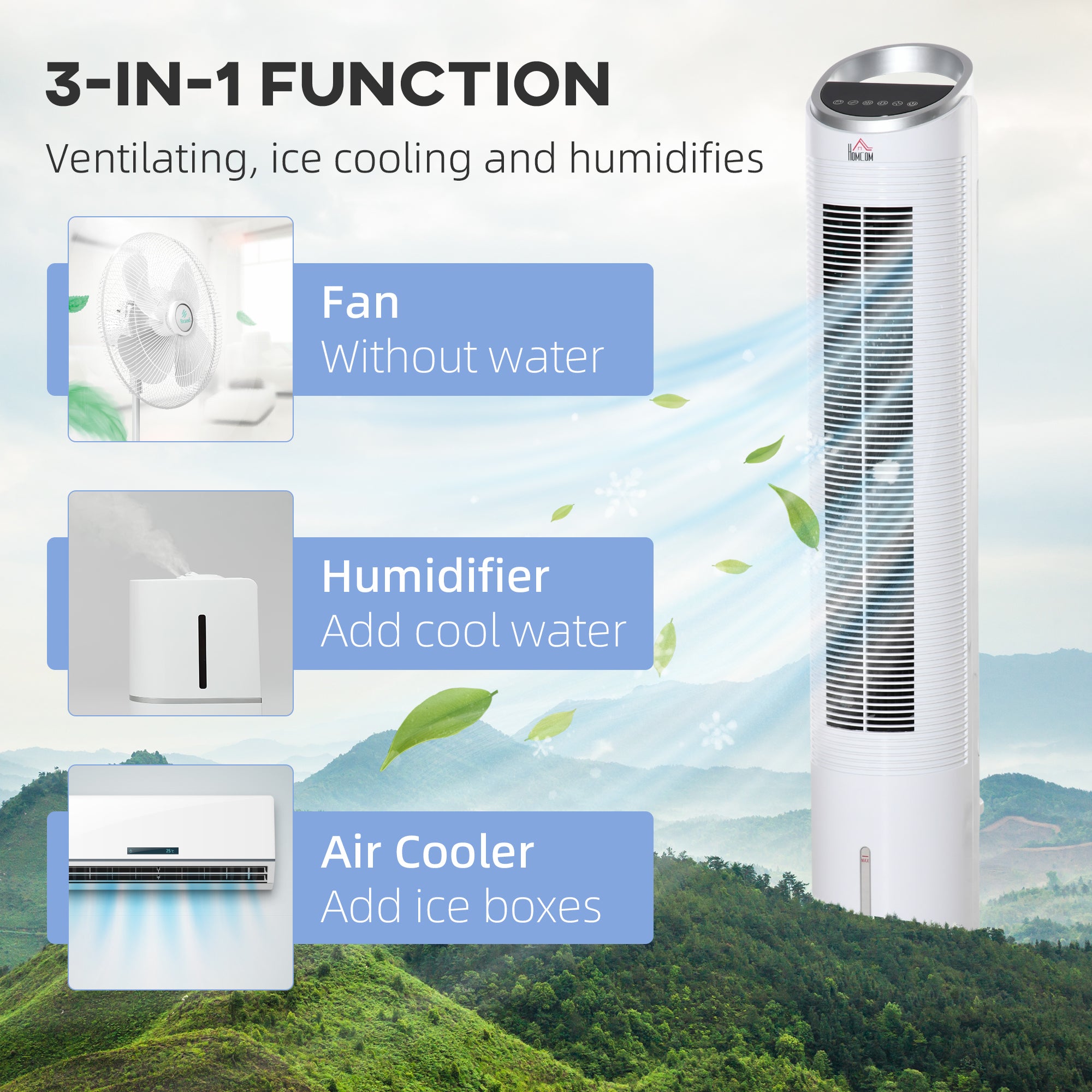 40" Portable Oscillating Air Cooler Fan 3 In 1 Standing Ice Floor Fan with Humidifier Remote White - HOMCOM