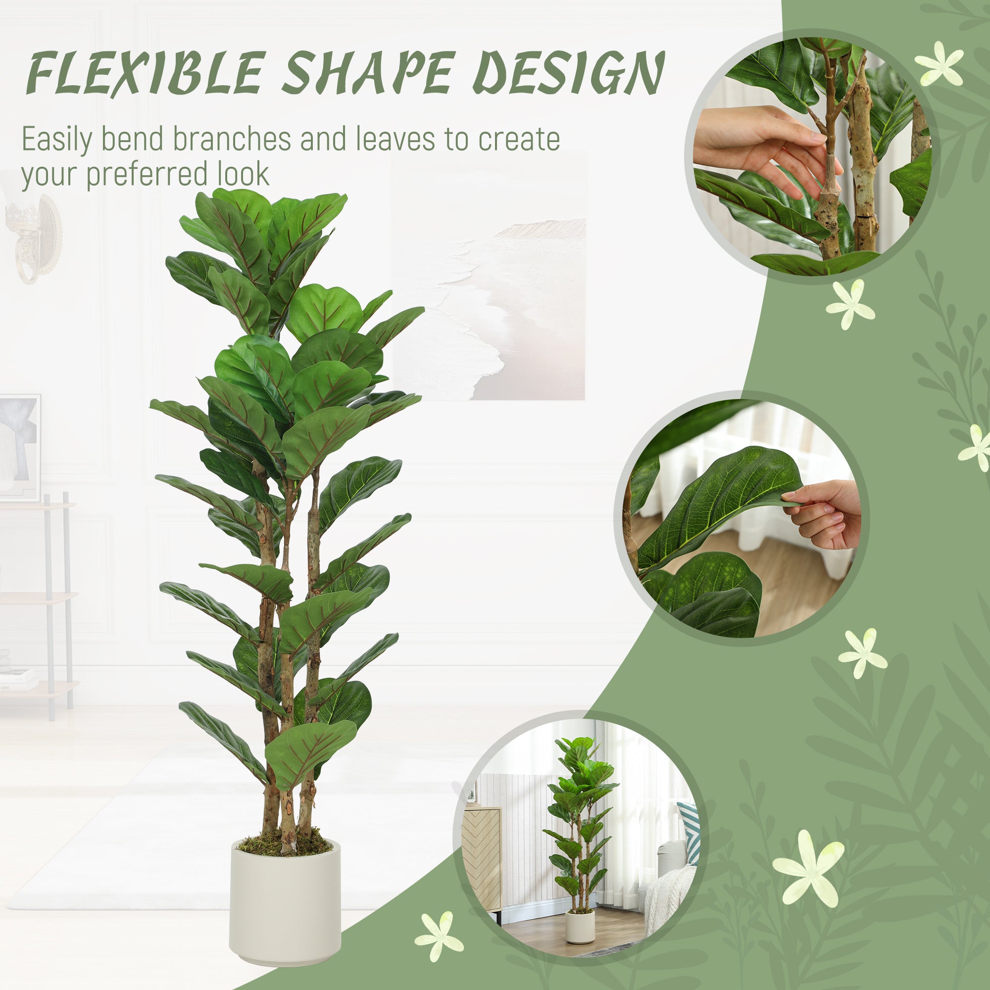 4FT Artificial Fiddle Leaf Fig Tree with Solid Wood Trunks, Lifelike Fake Tree with 45 Leaves in Pot for Indoor Living Room Office Home Decor, Green
