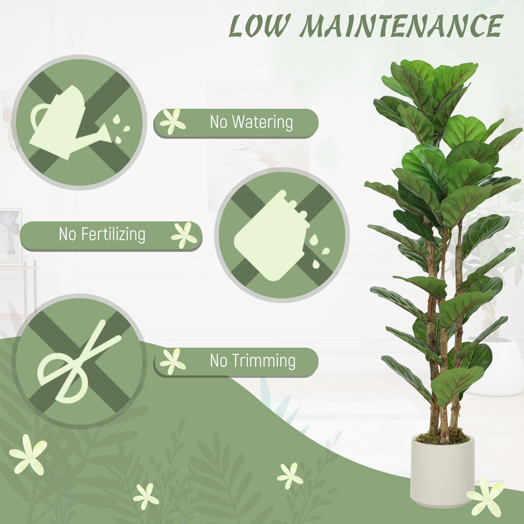 4FT Artificial Fiddle Leaf Fig Tree with Solid Wood Trunks, Lifelike Fake Tree with 45 Leaves in Pot for Indoor Living Room Office Home Decor, Green