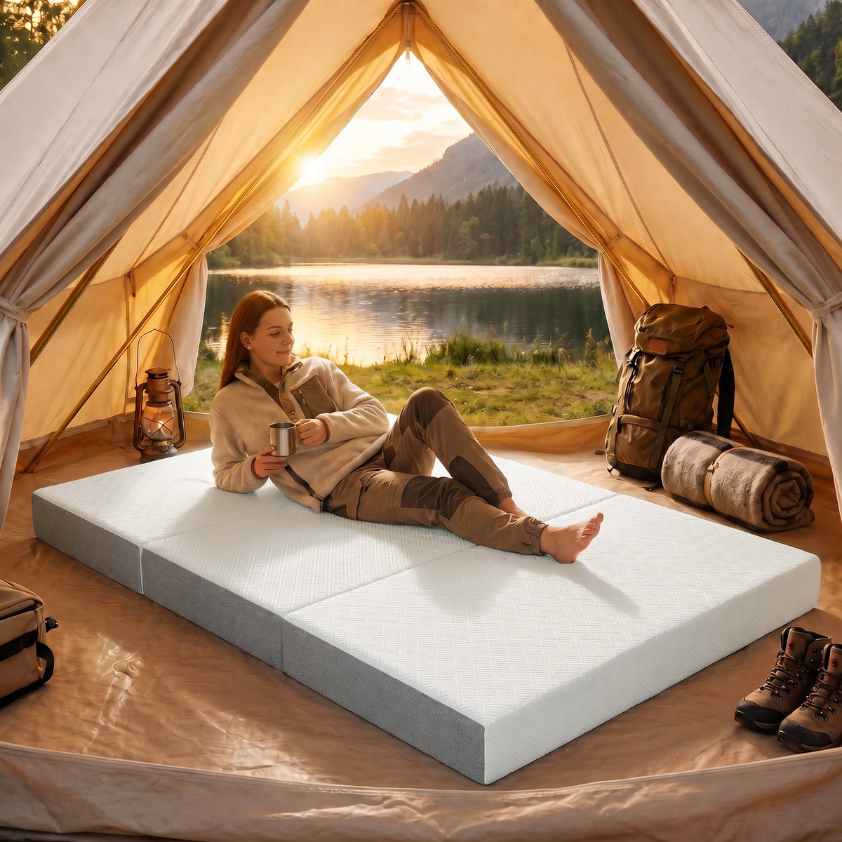Foldable Mattress Queen Size, 6 Inch Tri Fold Memory Foam Mattress with Washable Cover & Non-Slip Bottom, Portable Floor Bed for RV, Guest, Travel, Camping, 60" x 80" x6"