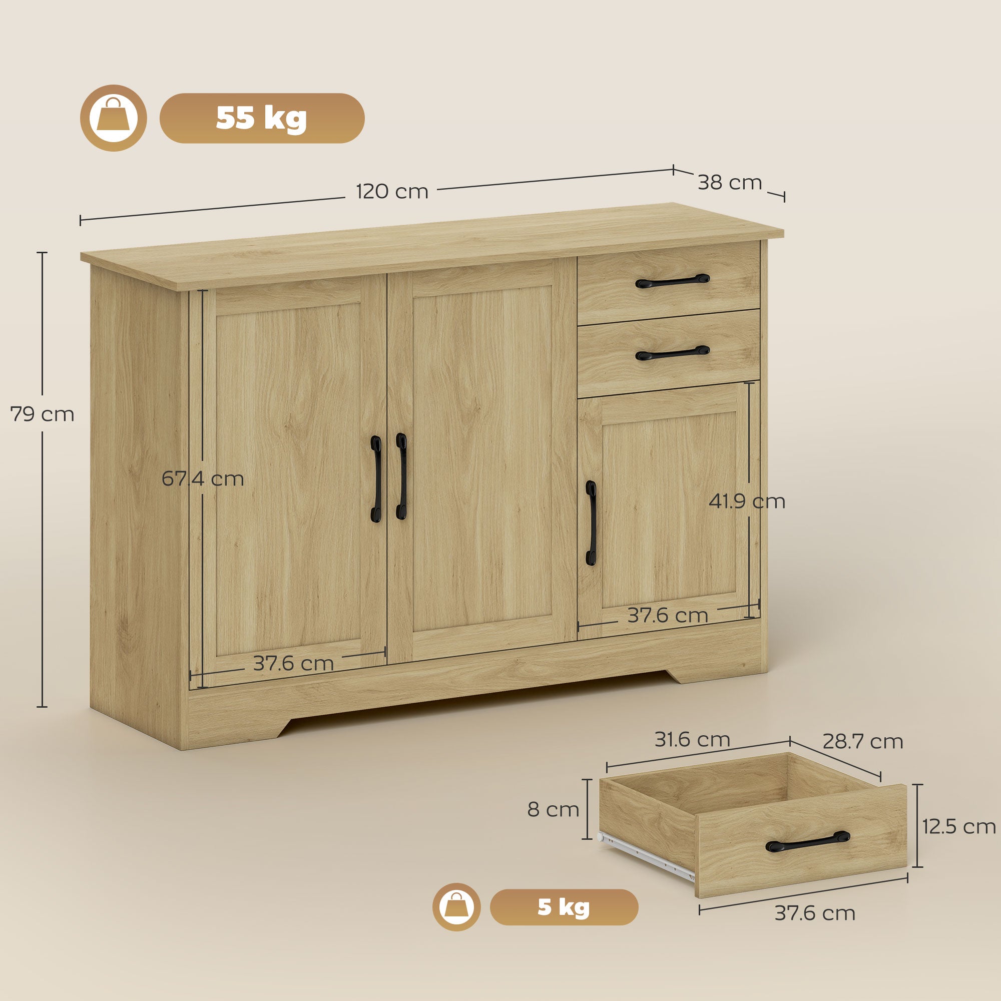 Sideboard with Soft-Close Doors, Modern Storage Cabinet, Kitchen Cupboard with 2 Drawers, Adjustable Shelf and 3 Doors for Dining Room, Living Room, Natural Wood Finish