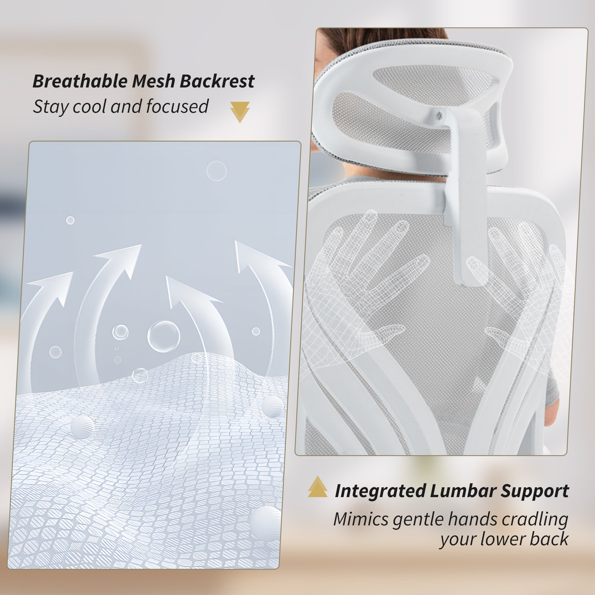 Ergonomic Office Chair, High Back Mesh Desk Chair with Foldable Backrest, 2D Headrest, Flip-up Armrest, Lumbar Support, Tilt Function, Swivel Wheels for Home Office, Light Grey