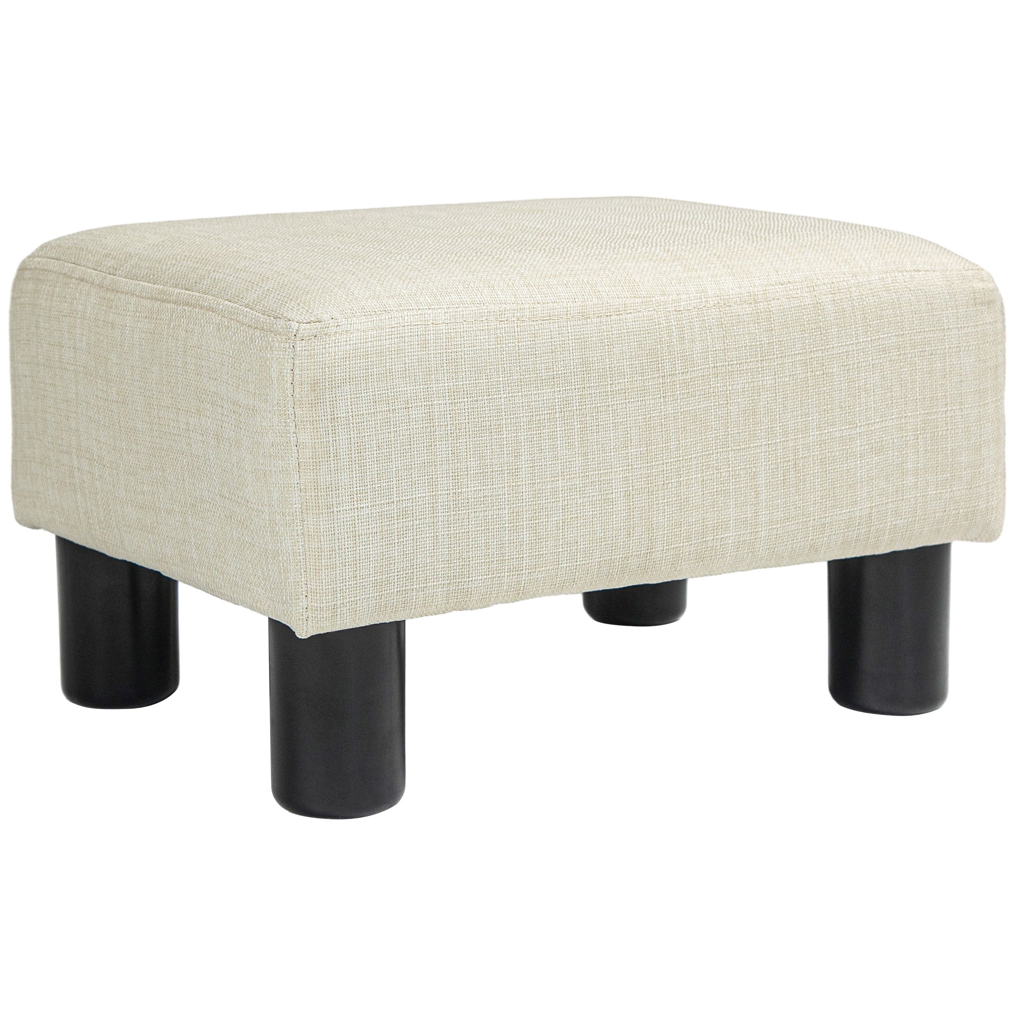 Small Ottoman Foot Rest with Linen Fabric Upholstery & Plastic Legs, Cube, Beige
