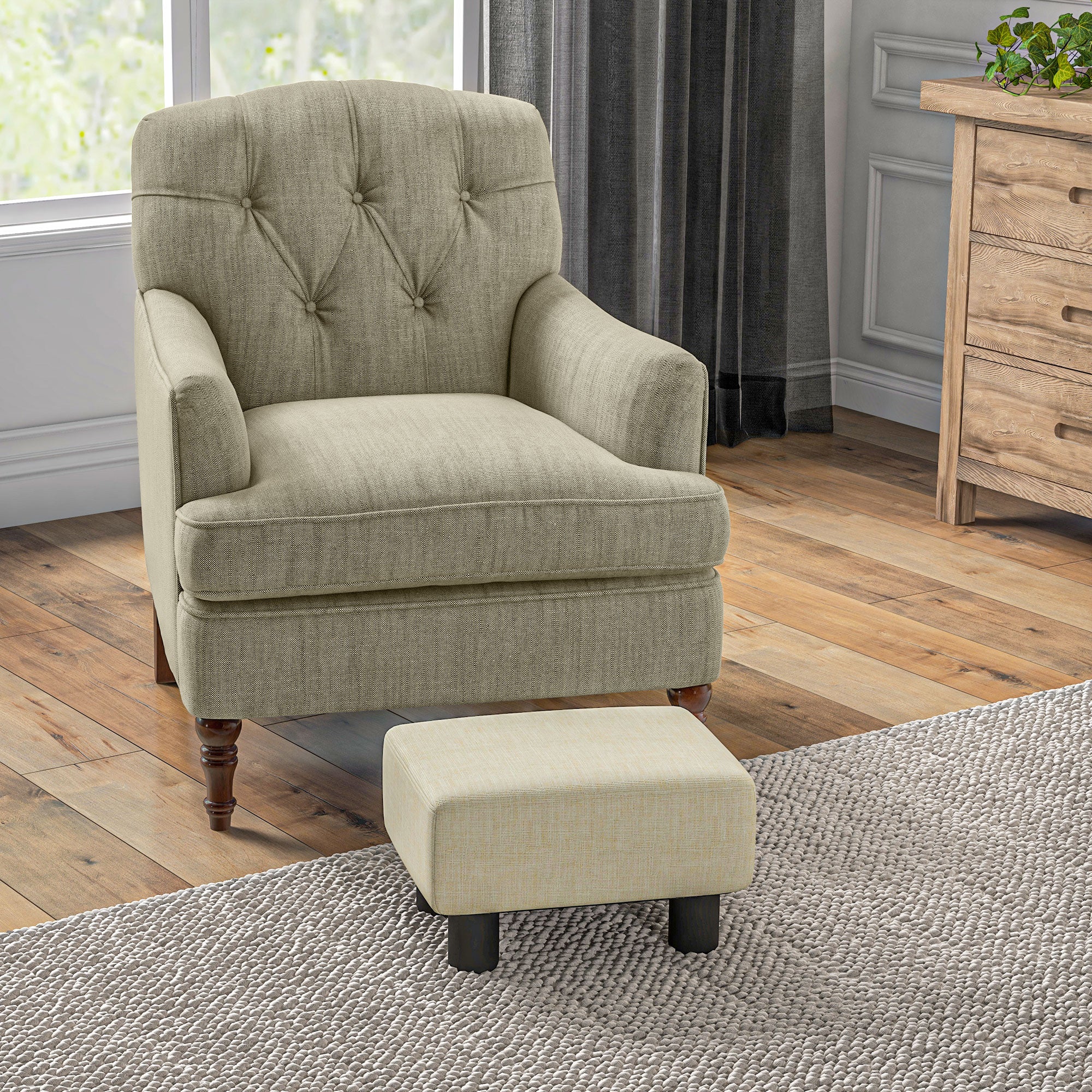 Small Ottoman Foot Rest with Linen Fabric Upholstery & Plastic Legs, Cube, Beige