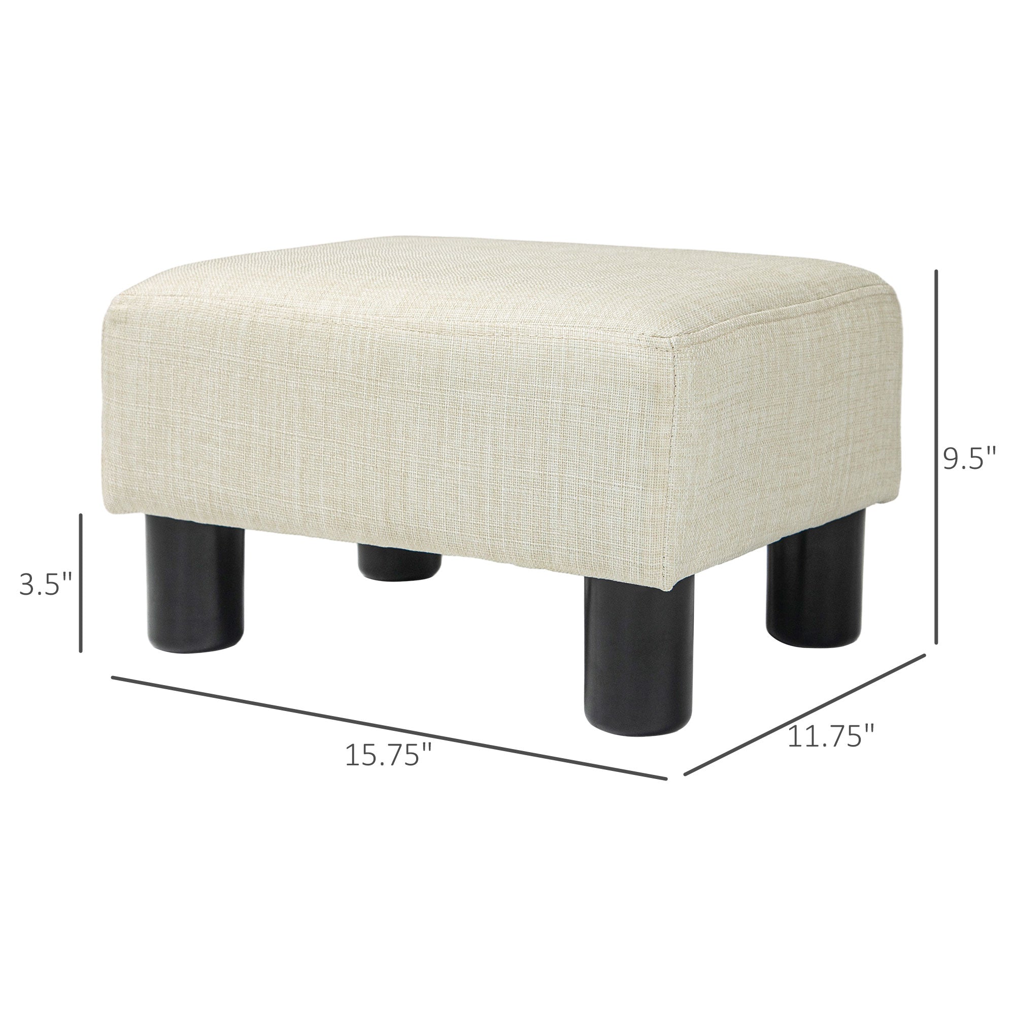 Small Ottoman Foot Rest with Linen Fabric Upholstery & Plastic Legs, Cube, Beige