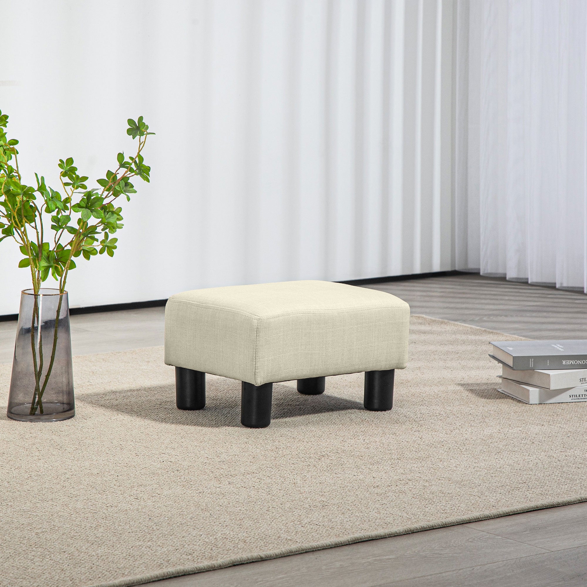 Small Ottoman Foot Rest with Linen Fabric Upholstery & Plastic Legs, Cube, Beige