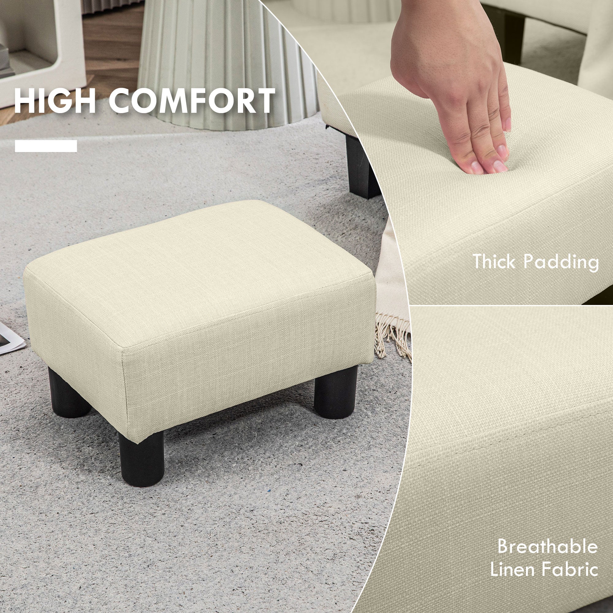 Small Ottoman Foot Rest with Linen Fabric Upholstery & Plastic Legs, Cube, Beige
