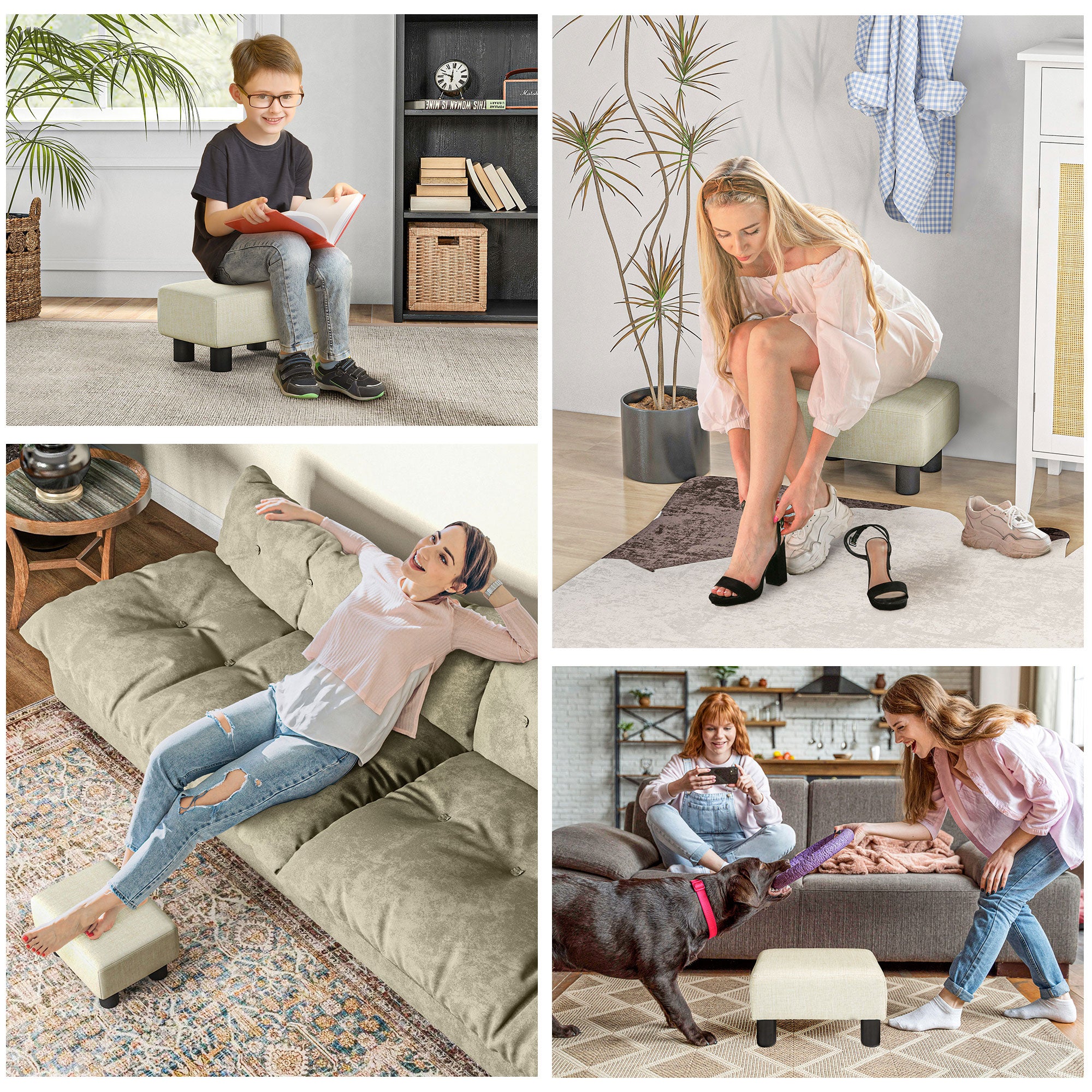 Small Ottoman Foot Rest with Linen Fabric Upholstery & Plastic Legs, Cube, Beige