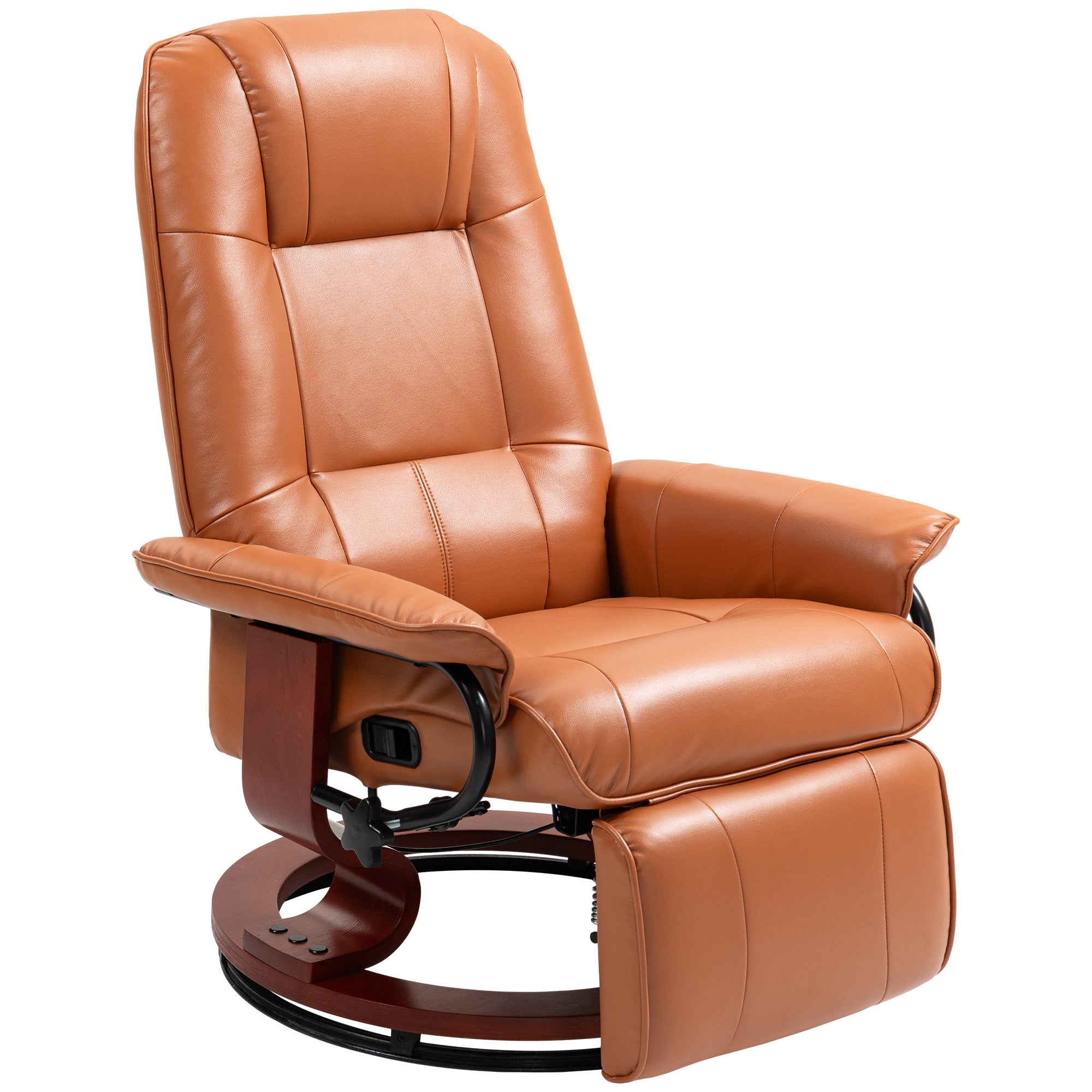 Faux Leather Manual Recliner, Adjustable Swivel Lounge Chair with Footrest, Armrest and Wrapped Wood Base for Living Room, Light Brown