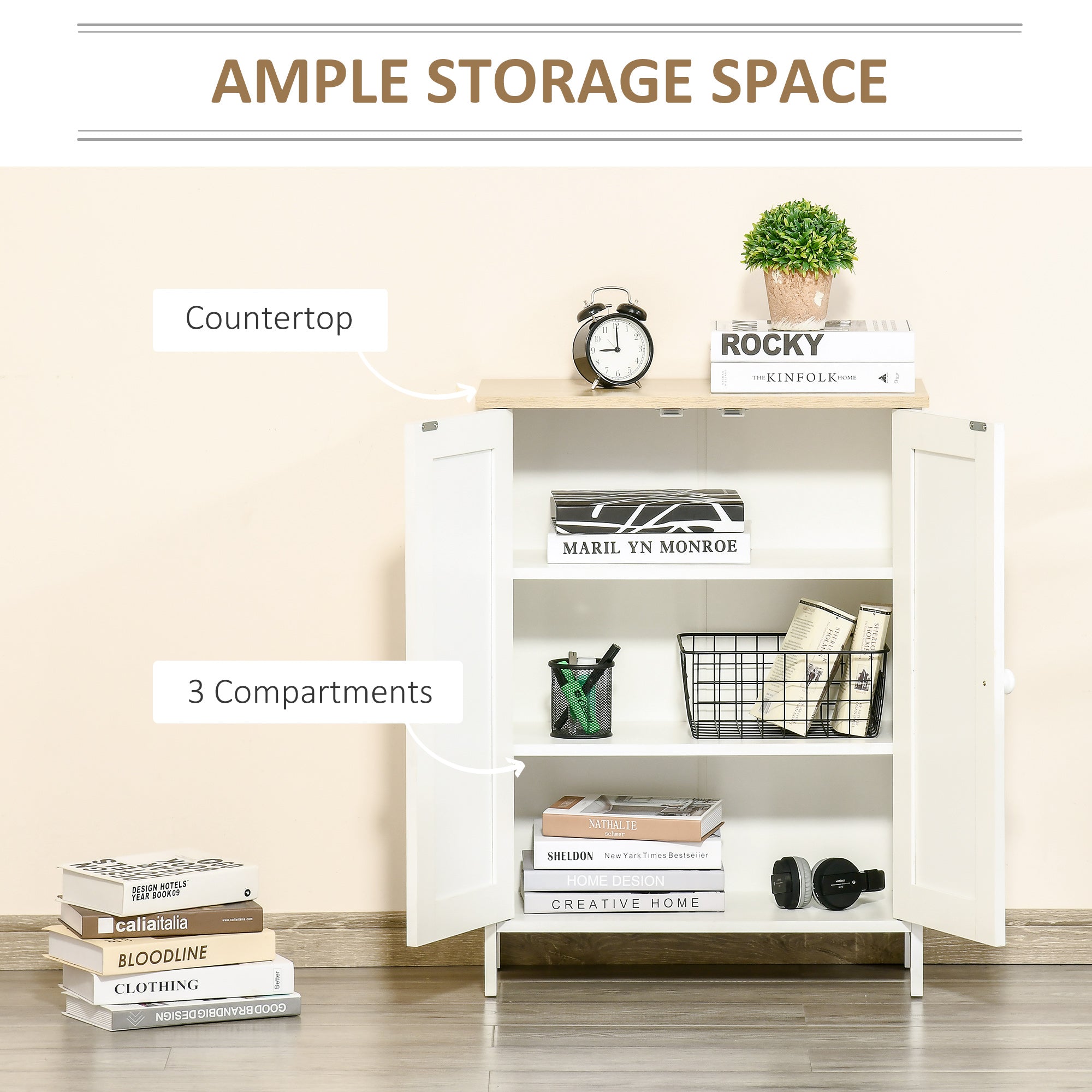 HOMCOM Storage Cabinet, Double-Doors Kitchen Cabinet with 2 Adjustable Shelves and Wood Effect Tabletop, White