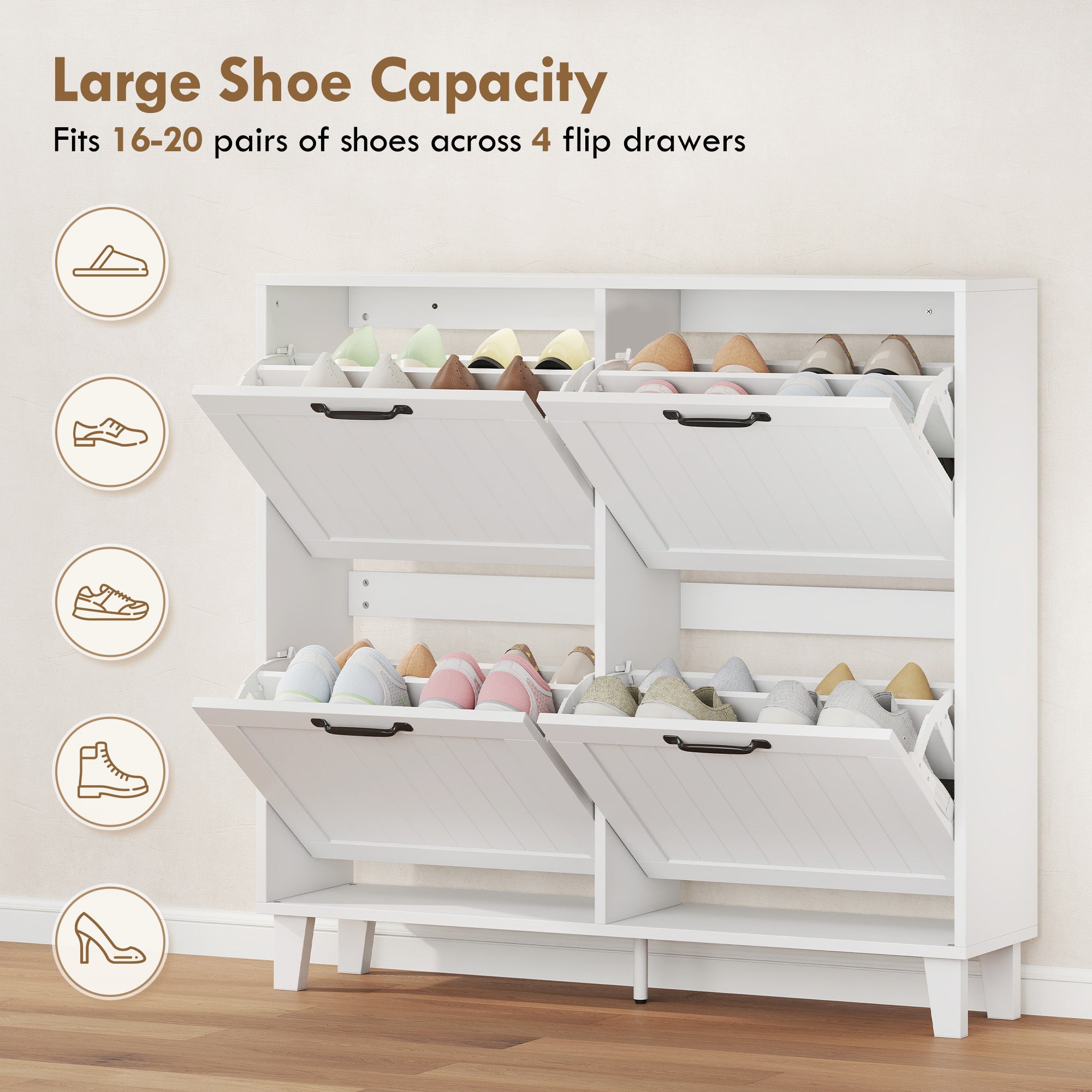 Shoe Cabinet with 4 Flip Drawers, Freestanding Narrow Shoe Storage Cabinet with Adjustable Shelves, Open Back, Bamboo Legs for Entryway, Hallway, Holds 16-20 Pairs, White