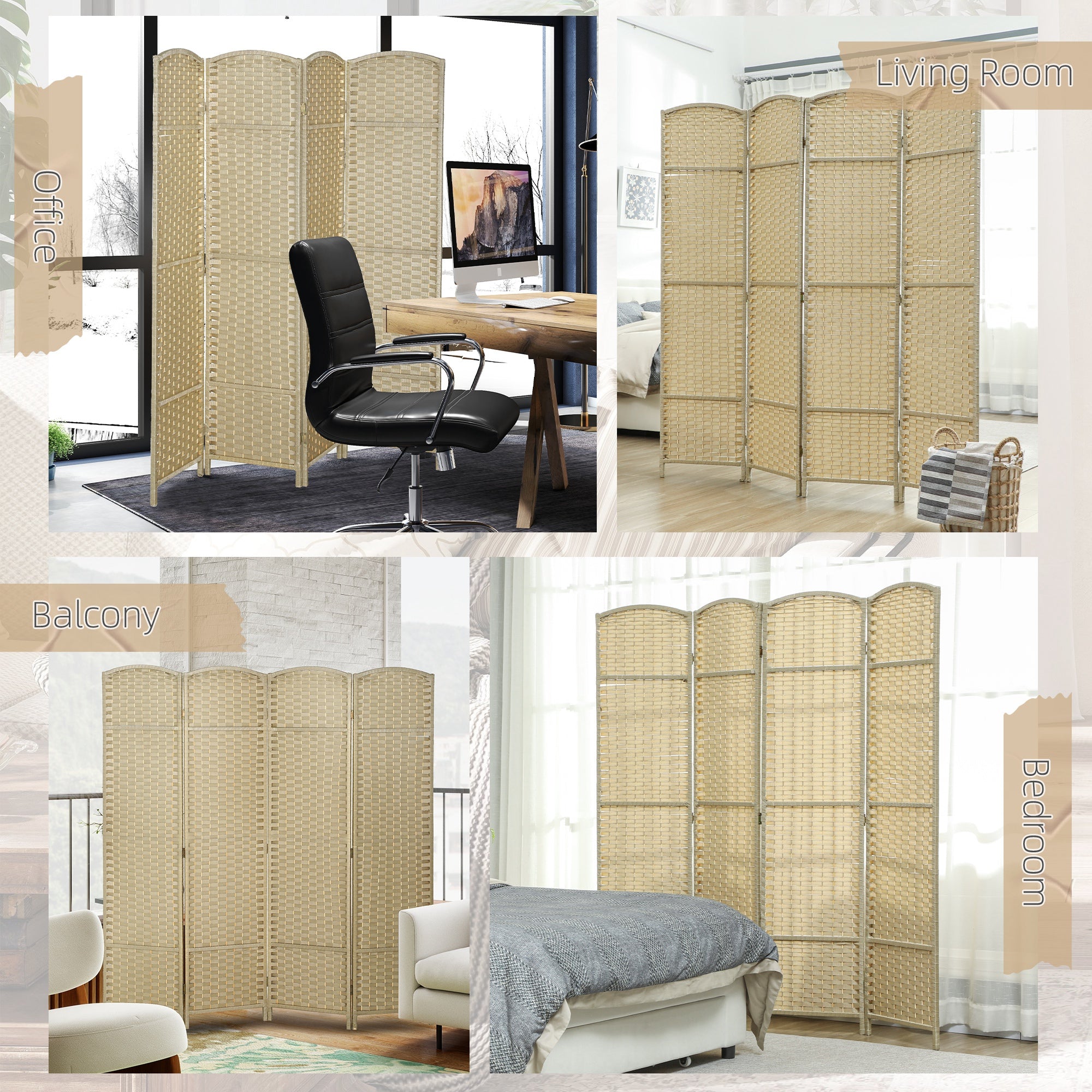 Room Divider, 4 Panel Folding Privacy Screen, 5.6' Tall Freestanding Partition for Home Office, Bedroom, Beige