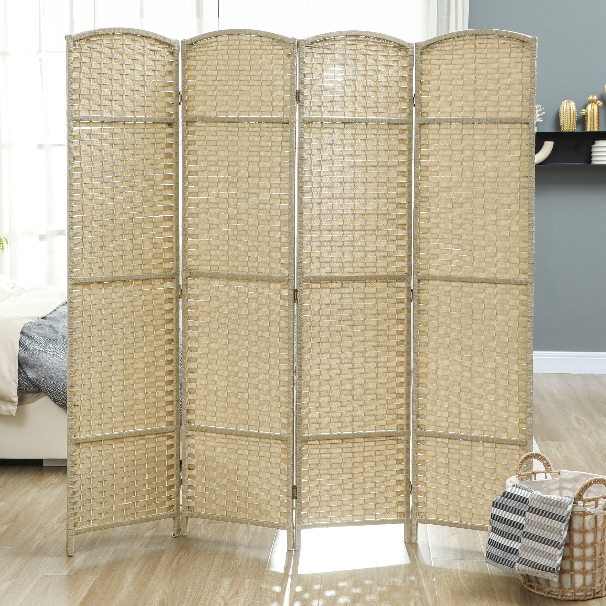 Room Divider, 4 Panel Folding Privacy Screen, 5.6' Tall Freestanding Partition for Home Office, Bedroom, Beige