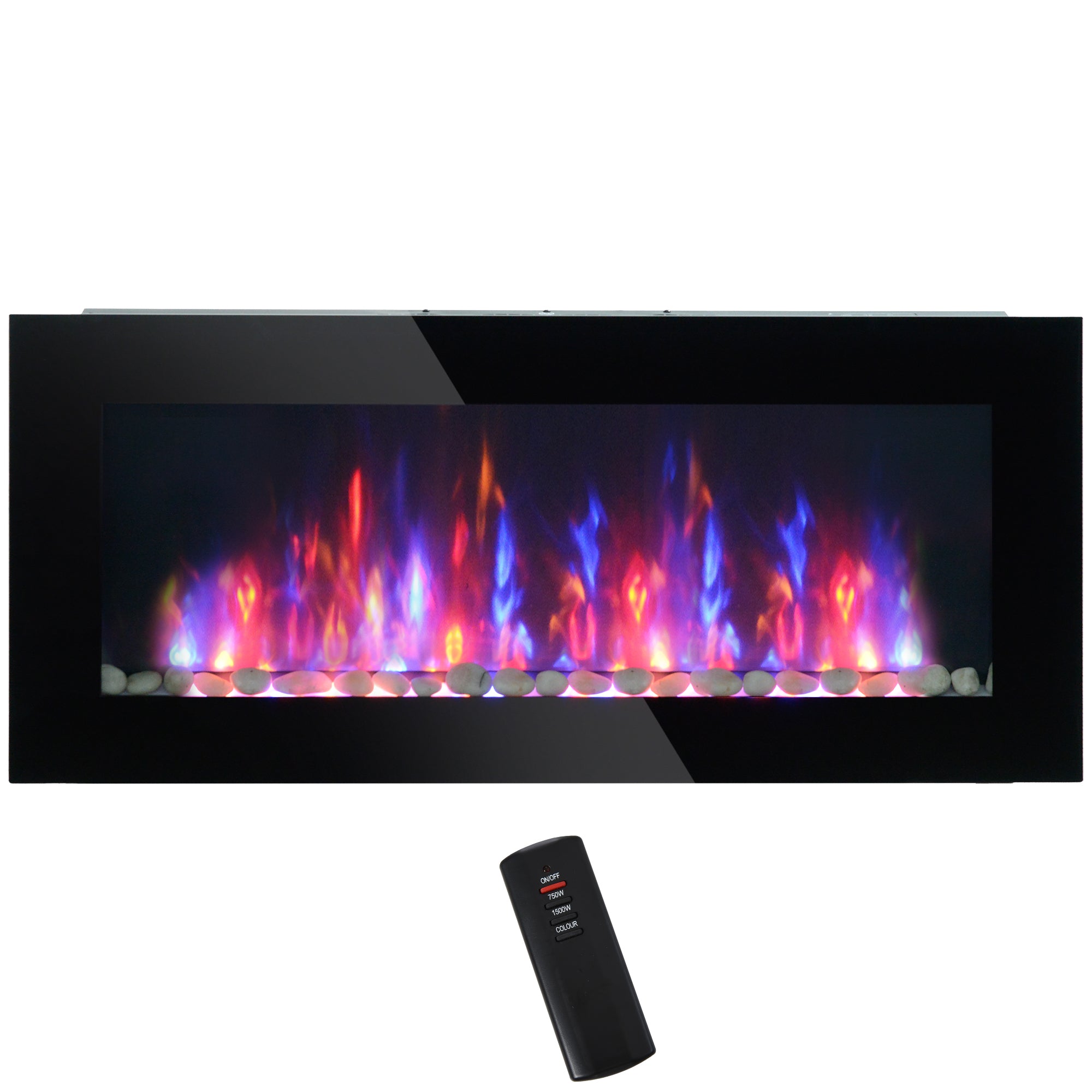 41 Inch Electric Fireplace, Wall Mounted Fireplace with Patented 7 Colour Adjustable LED Flame Effect, Remote Control, 2 Modes Heat, 750/1500W Heater for Living Room, Black