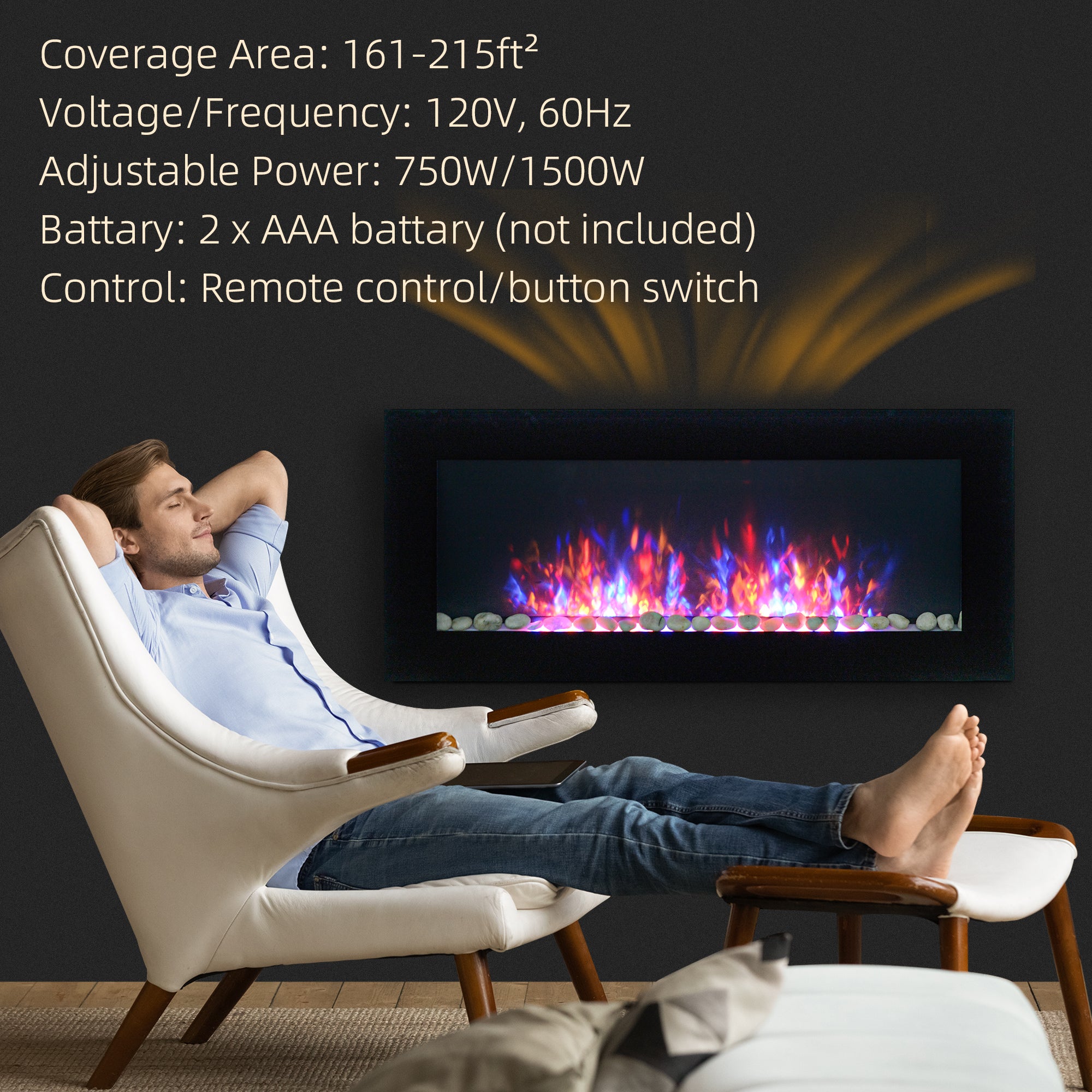 41.3" Electric Wall Fireplace with Flame Effect & 7-Color Backlight, 1500W, Black