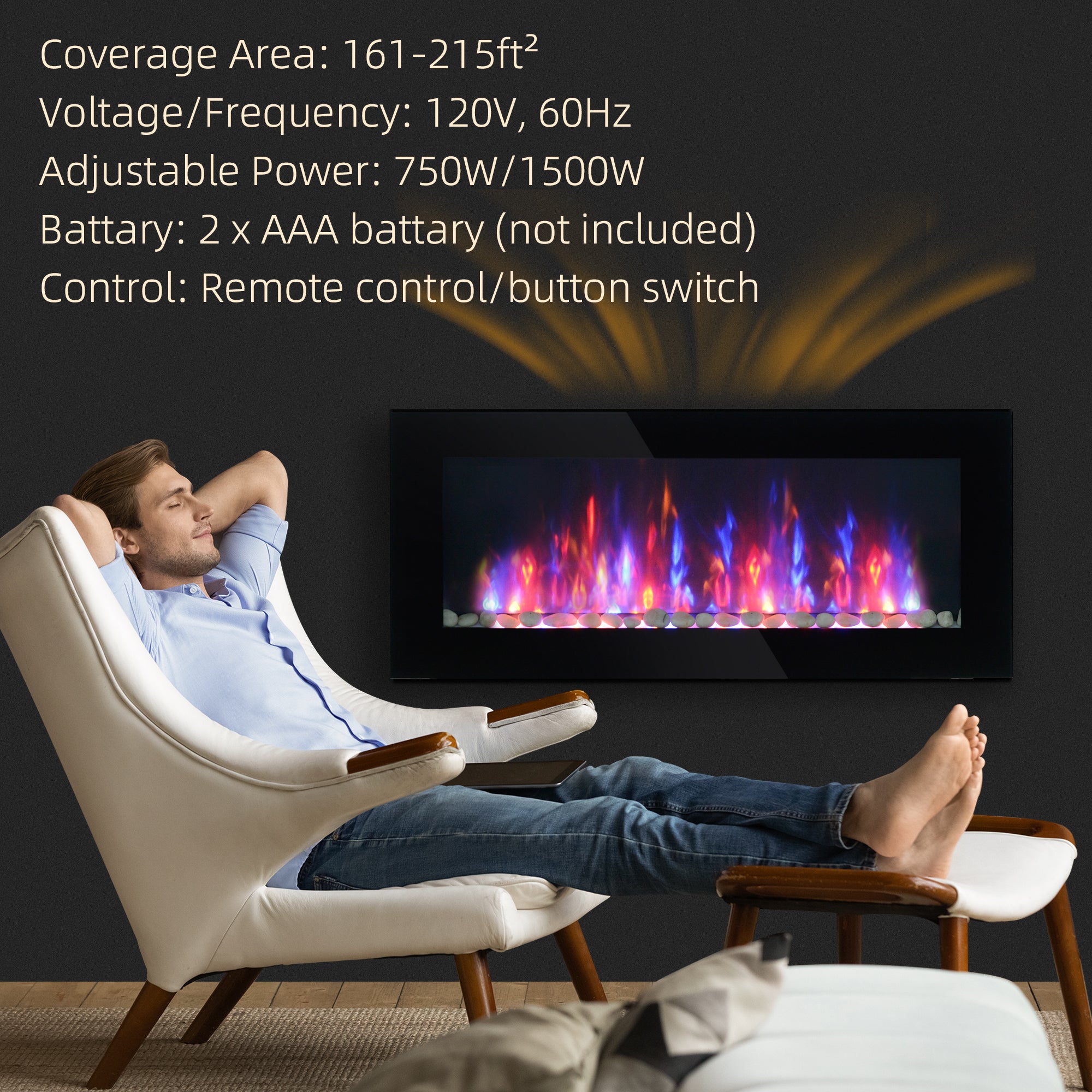 41 Inch Electric Fireplace, Wall Mounted Fireplace with Patented 7 Colour Adjustable LED Flame Effect, Remote Control, 2 Modes Heat, 750/1500W Heater for Living Room, Black