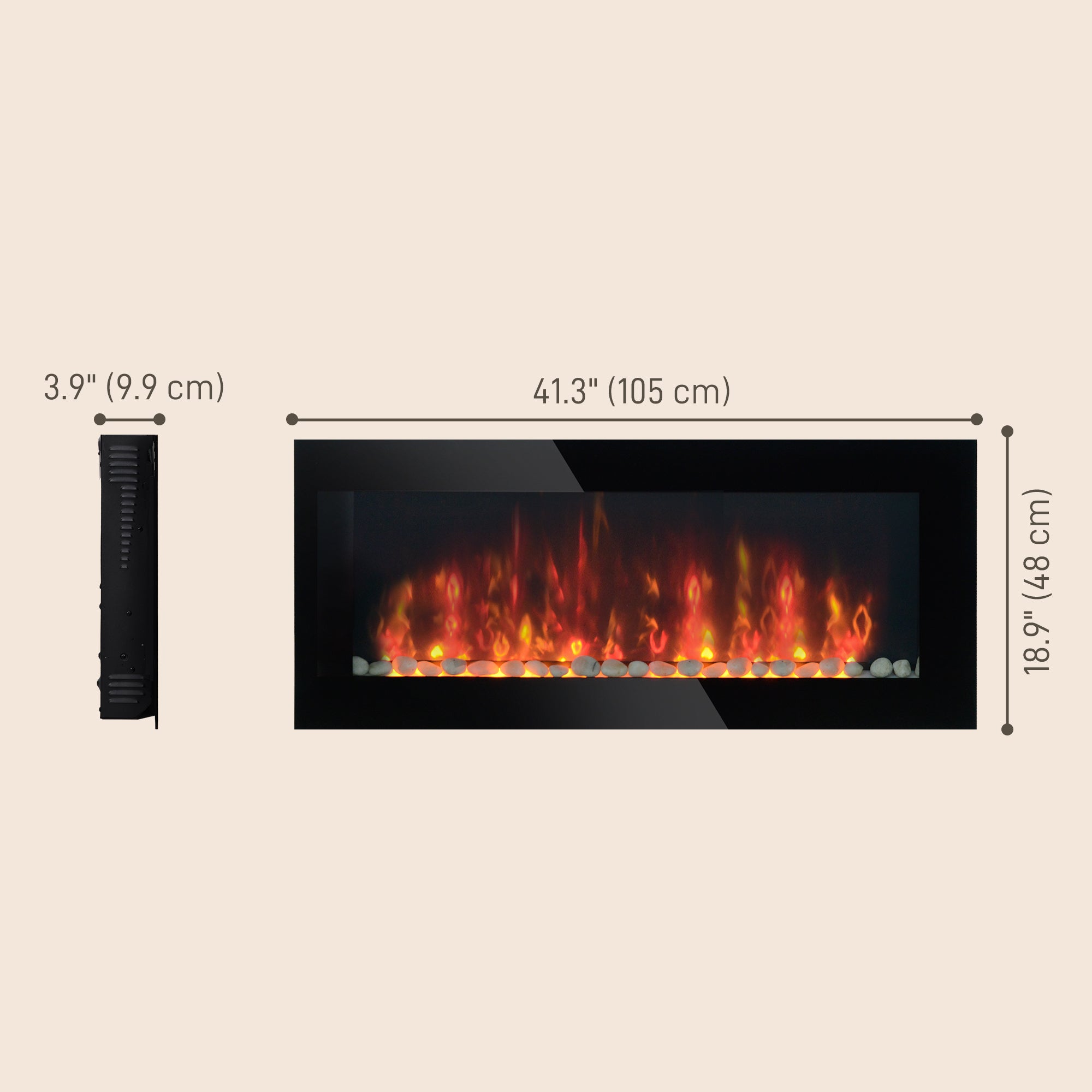 41 Inch Electric Fireplace, Wall Mounted Fireplace with Patented 7 Colour Adjustable LED Flame Effect, Remote Control, 2 Modes Heat, 750/1500W Heater for Living Room, Black