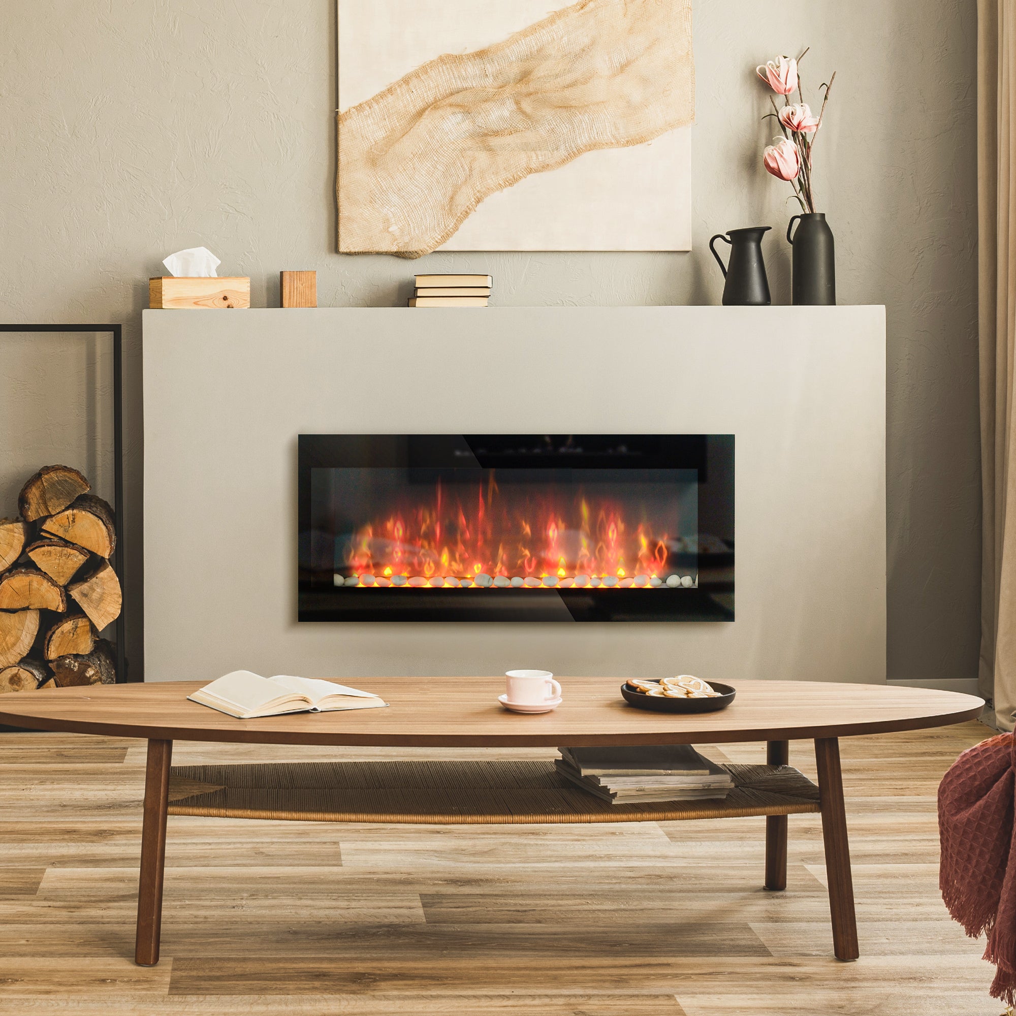 41 Inch Electric Fireplace, Wall Mounted Fireplace with Patented 7 Colour Adjustable LED Flame Effect, Remote Control, 2 Modes Heat, 750/1500W Heater for Living Room, Black