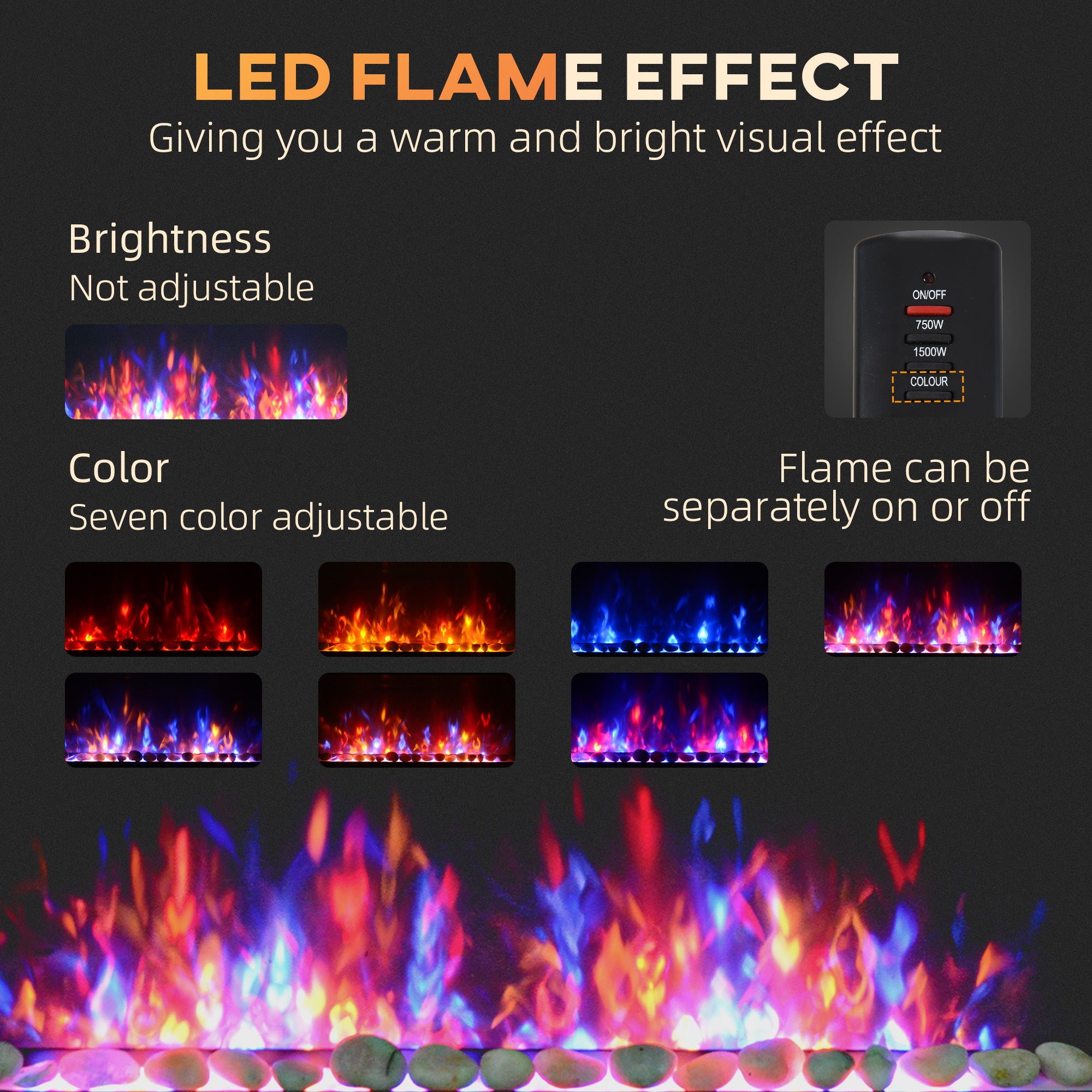 41 Inch Electric Fireplace, Wall Mounted Fireplace with Patented 7 Colour Adjustable LED Flame Effect, Remote Control, 2 Modes Heat, 750/1500W Heater for Living Room, Black