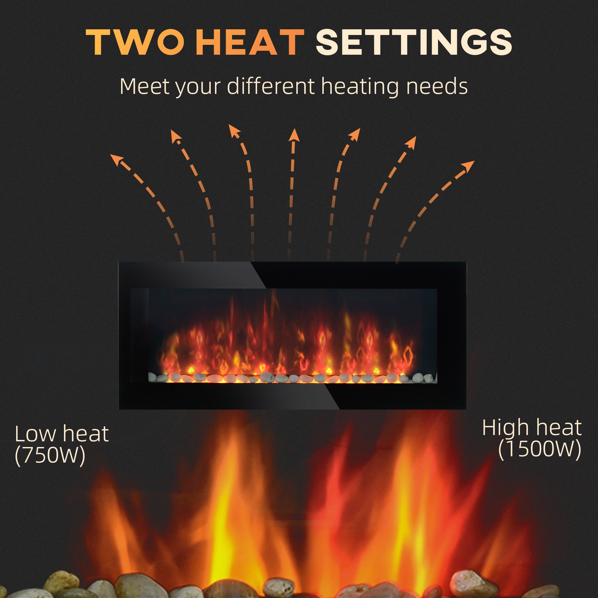41 Inch Electric Fireplace, Wall Mounted Fireplace with Patented 7 Colour Adjustable LED Flame Effect, Remote Control, 2 Modes Heat, 750/1500W Heater for Living Room, Black