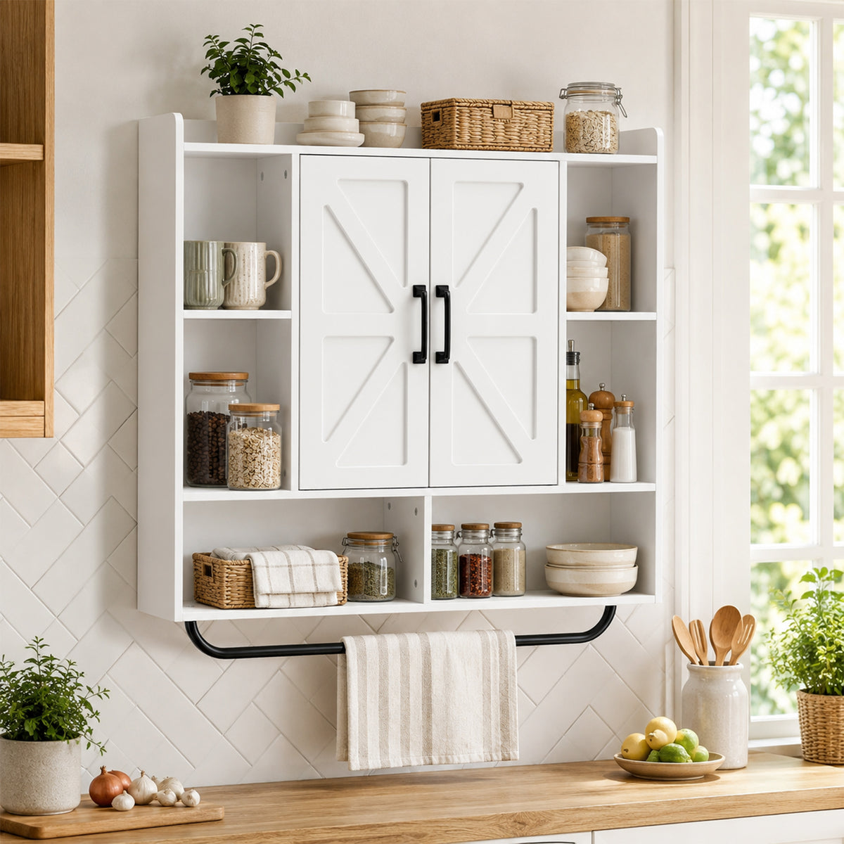 Bathroom Wall Cabinet, Medicine Cabinet Wall Mounted with Open and Hidden Storage Space, Over the Toilet Space Saver with Towel Bar for Bathroom and Living Room, White