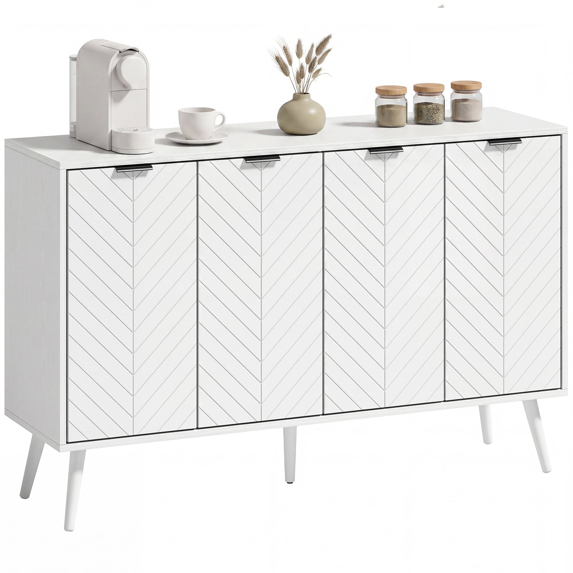 Modern Sideboard Buffet Cabinet, 47" Kitchen Storage Cabinet with 4 Doors and 2 Adjustable Shelves, Coffee Bar Station, White