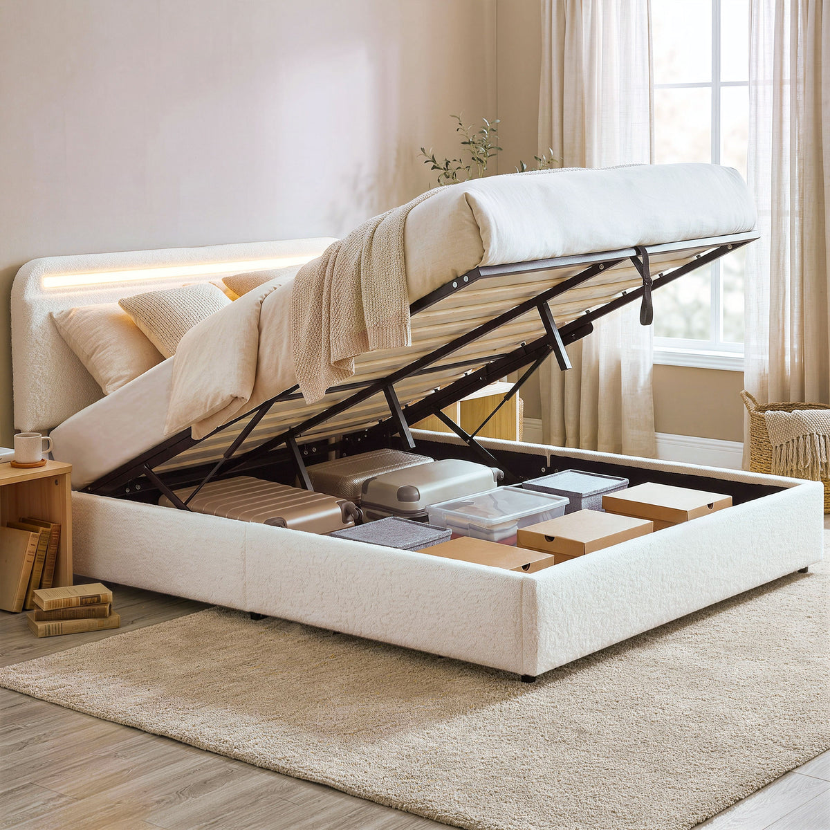 Queen Bed Frame with Charging Station, LED Lights, Adjustable Headboard, Fabric Platform Bed Frame, Wood Slat Support, Noise Free, No Box Spring Needed, Easy Assembly, White