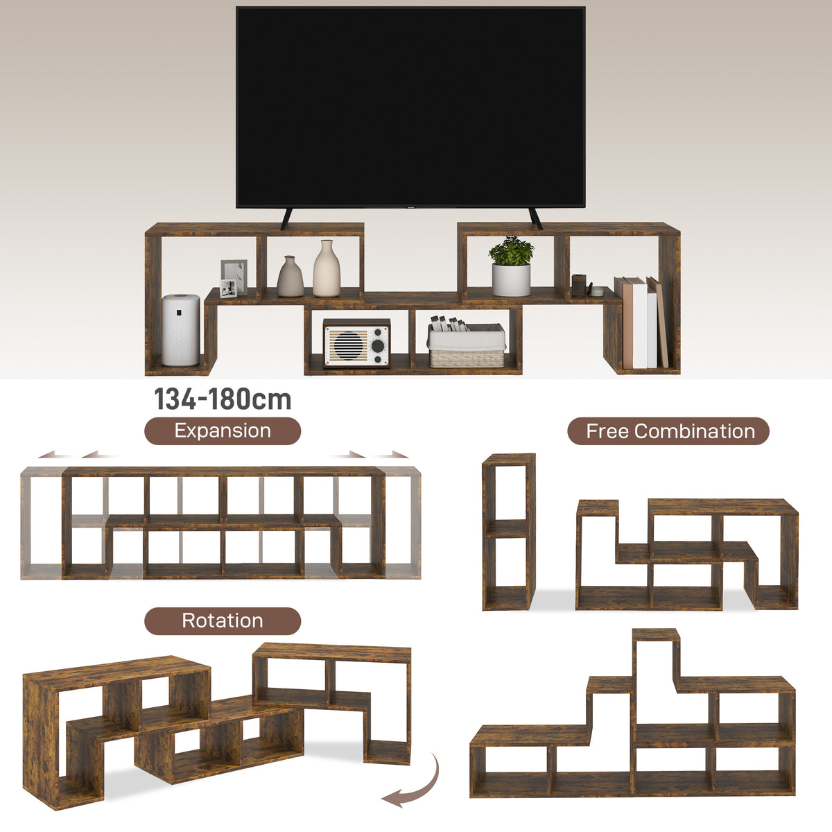 TV Stand for TVs up to 75", 3-Piece Modular TV Console, Industrial Entertainment Center with Open Storage Shelves for Living Room, Rustic Brown