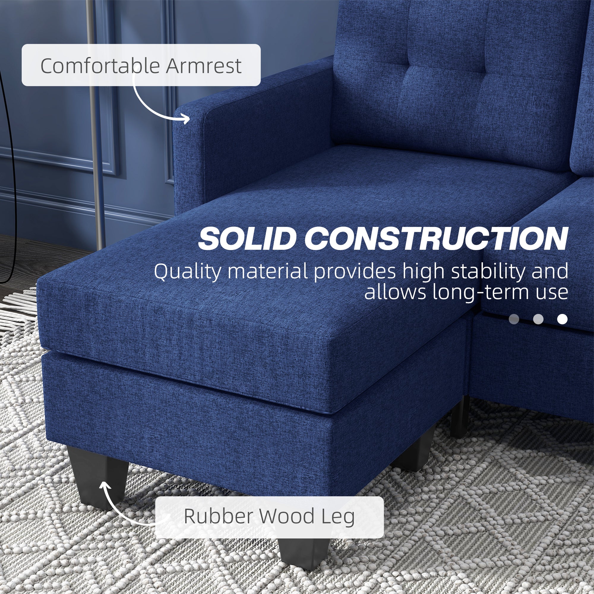 HOMCOM Modular Sectional Couch with Changeable Chaise, 3 Seater Corner Sofa with Ottoman, Fabric L Shape Sofa with Thick Padded Cushion for Living Room, Office, Dark Blue