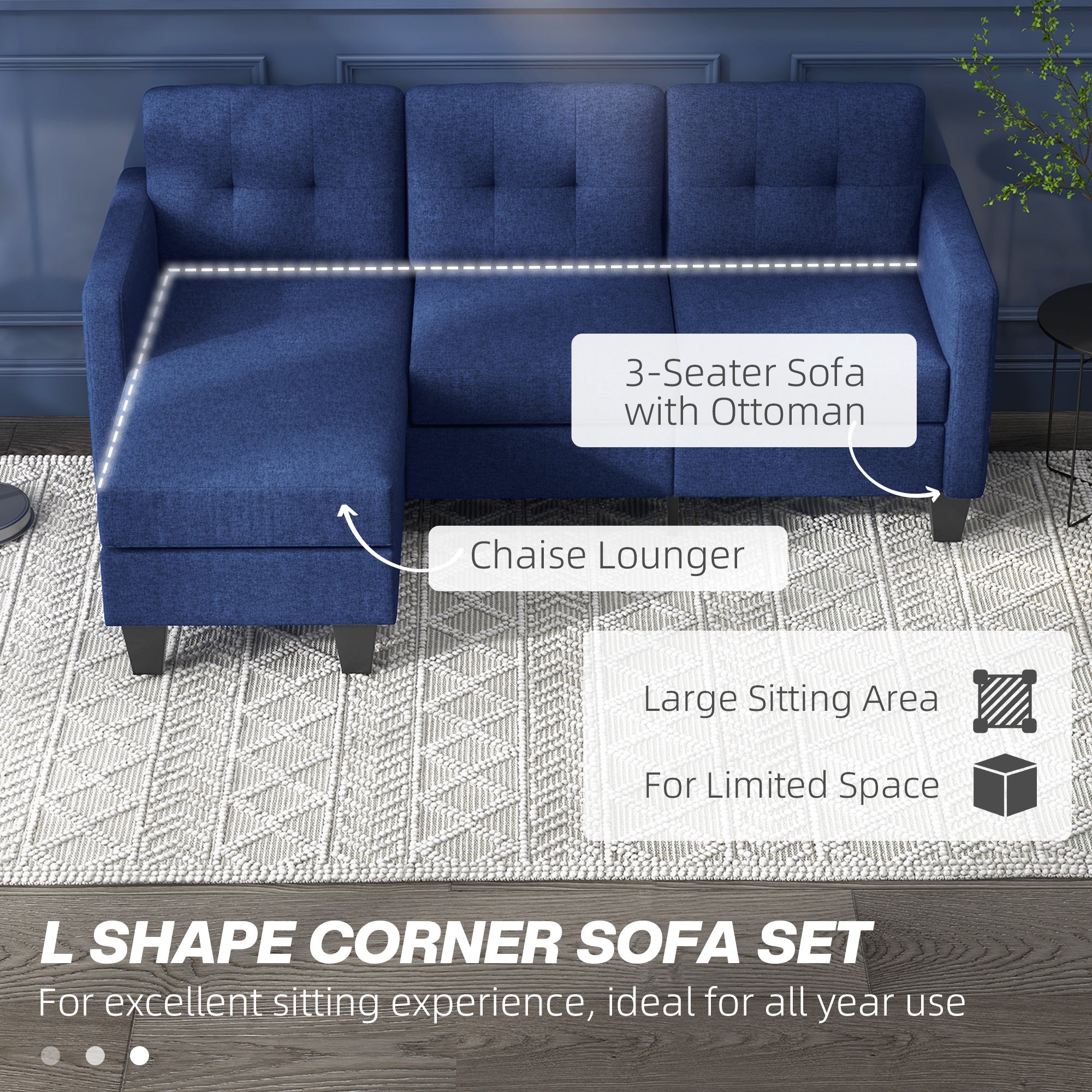 HOMCOM Modular Sectional Couch with Changeable Chaise, 3 Seater Corner Sofa with Ottoman, Fabric L Shape Sofa with Thick Padded Cushion for Living Room, Office, Dark Blue