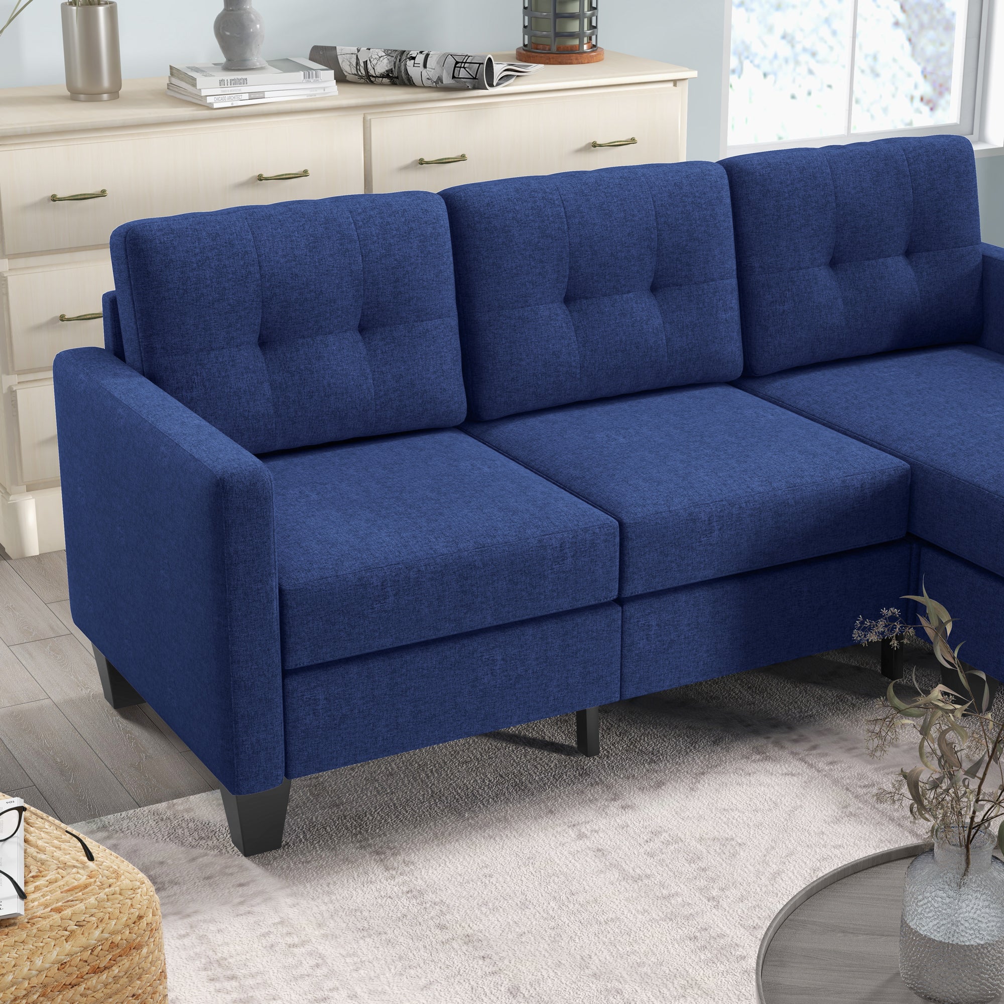 HOMCOM Modular Sectional Couch with Changeable Chaise, 3 Seater Corner Sofa with Ottoman, Fabric L Shape Sofa with Thick Padded Cushion for Living Room, Office, Dark Blue