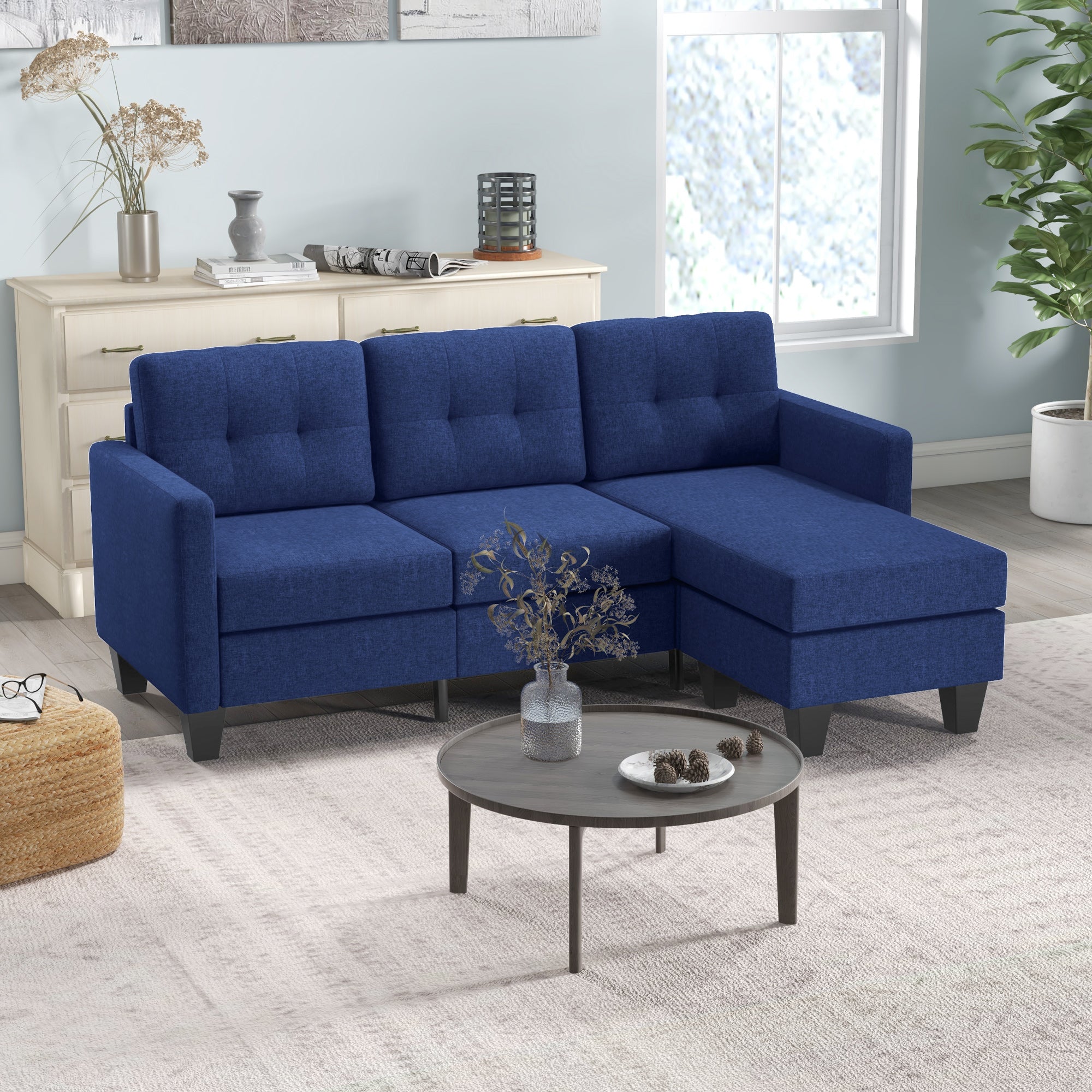 HOMCOM Modular Sectional Couch with Changeable Chaise, 3 Seater Corner Sofa with Ottoman, Fabric L Shape Sofa with Thick Padded Cushion for Living Room, Office, Dark Blue