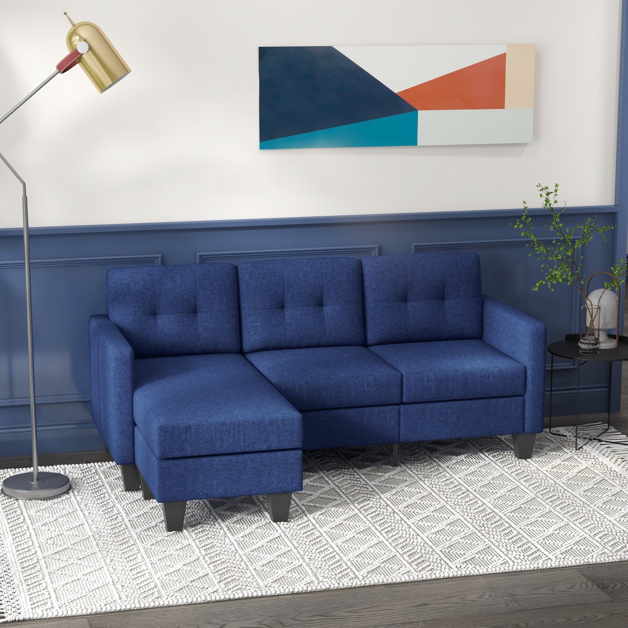 HOMCOM Modular Sectional Couch with Changeable Chaise, 3 Seater Corner Sofa with Ottoman, Fabric L Shape Sofa with Thick Padded Cushion for Living Room, Office, Dark Blue