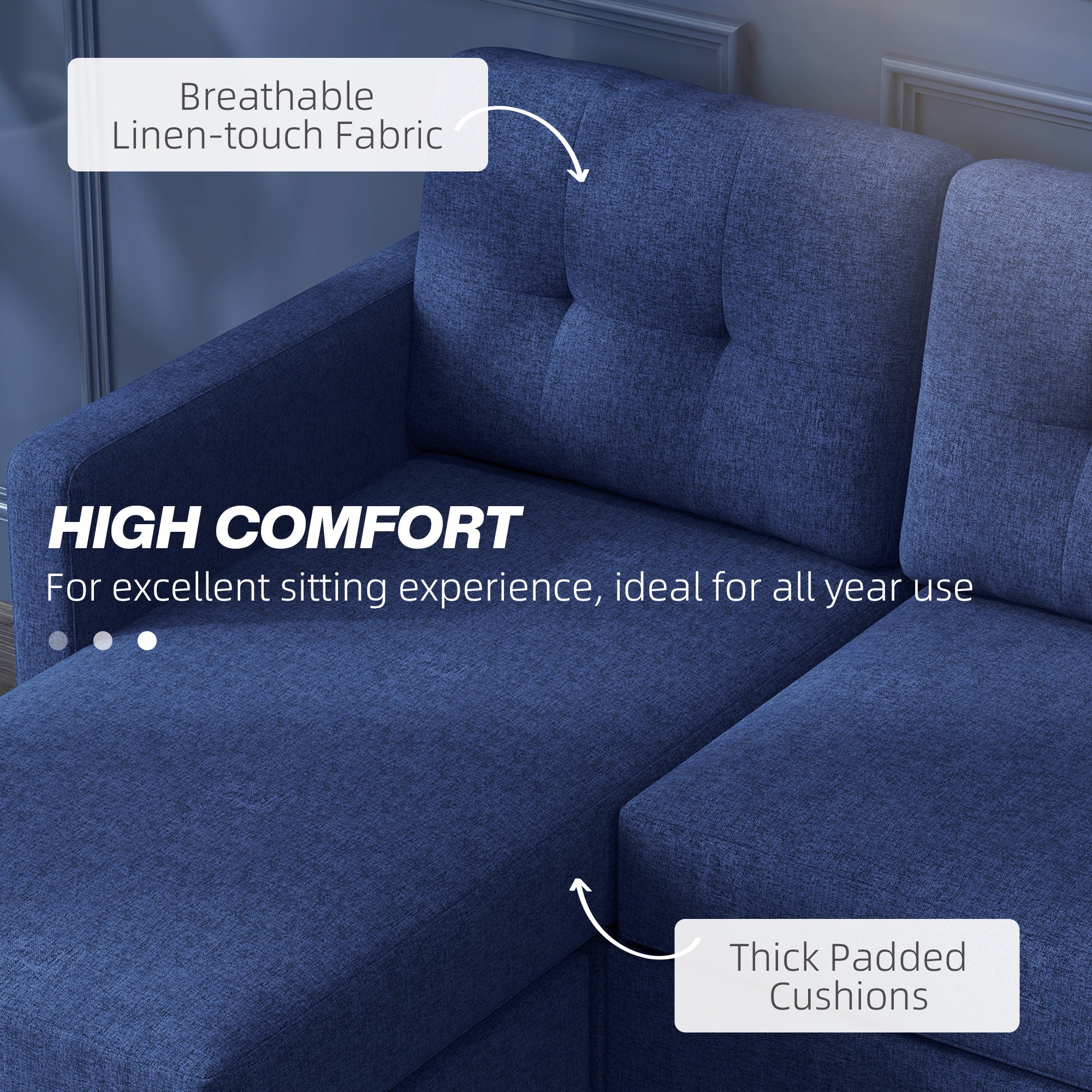 HOMCOM Modular Sectional Couch with Changeable Chaise, 3 Seater Corner Sofa with Ottoman, Fabric L Shape Sofa with Thick Padded Cushion for Living Room, Office, Dark Blue