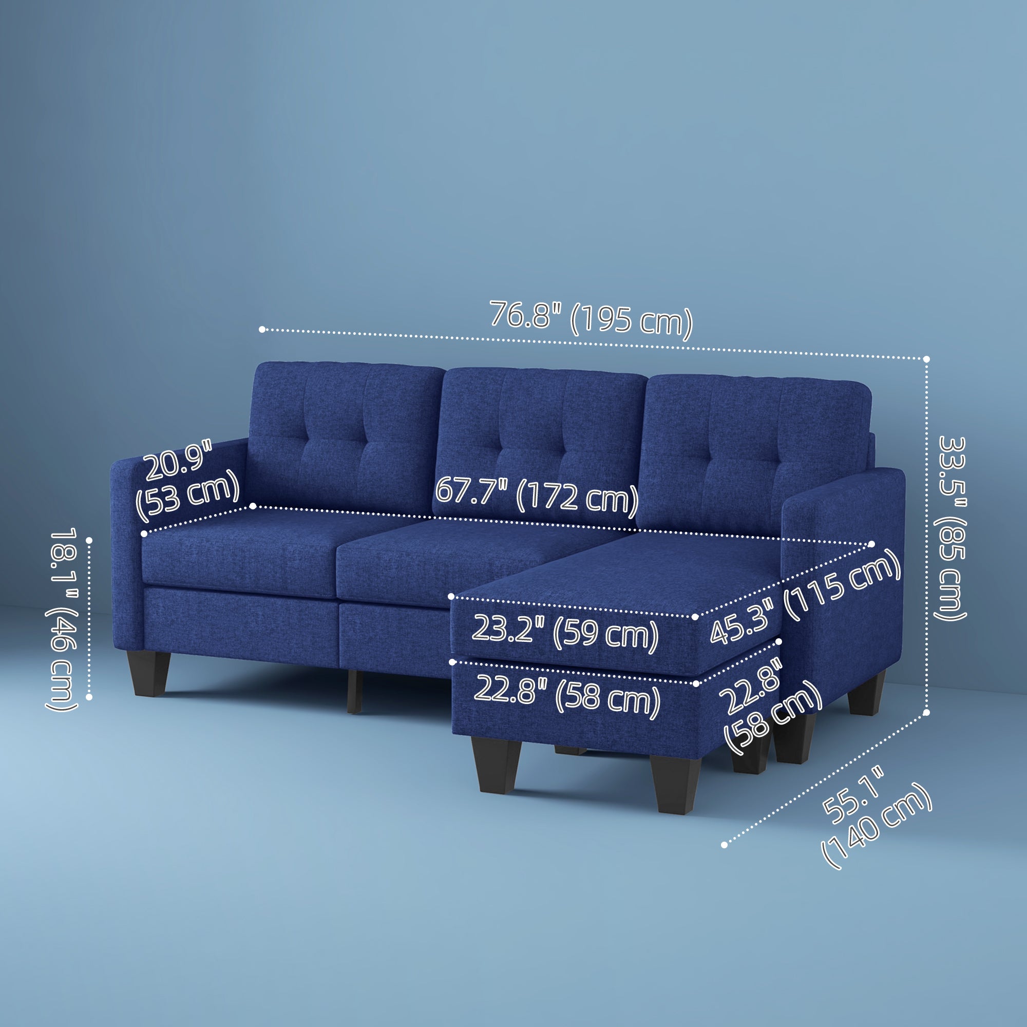 HOMCOM Modular Sectional Couch with Changeable Chaise, 3 Seater Corner Sofa with Ottoman, Fabric L Shape Sofa with Thick Padded Cushion for Living Room, Office, Dark Blue