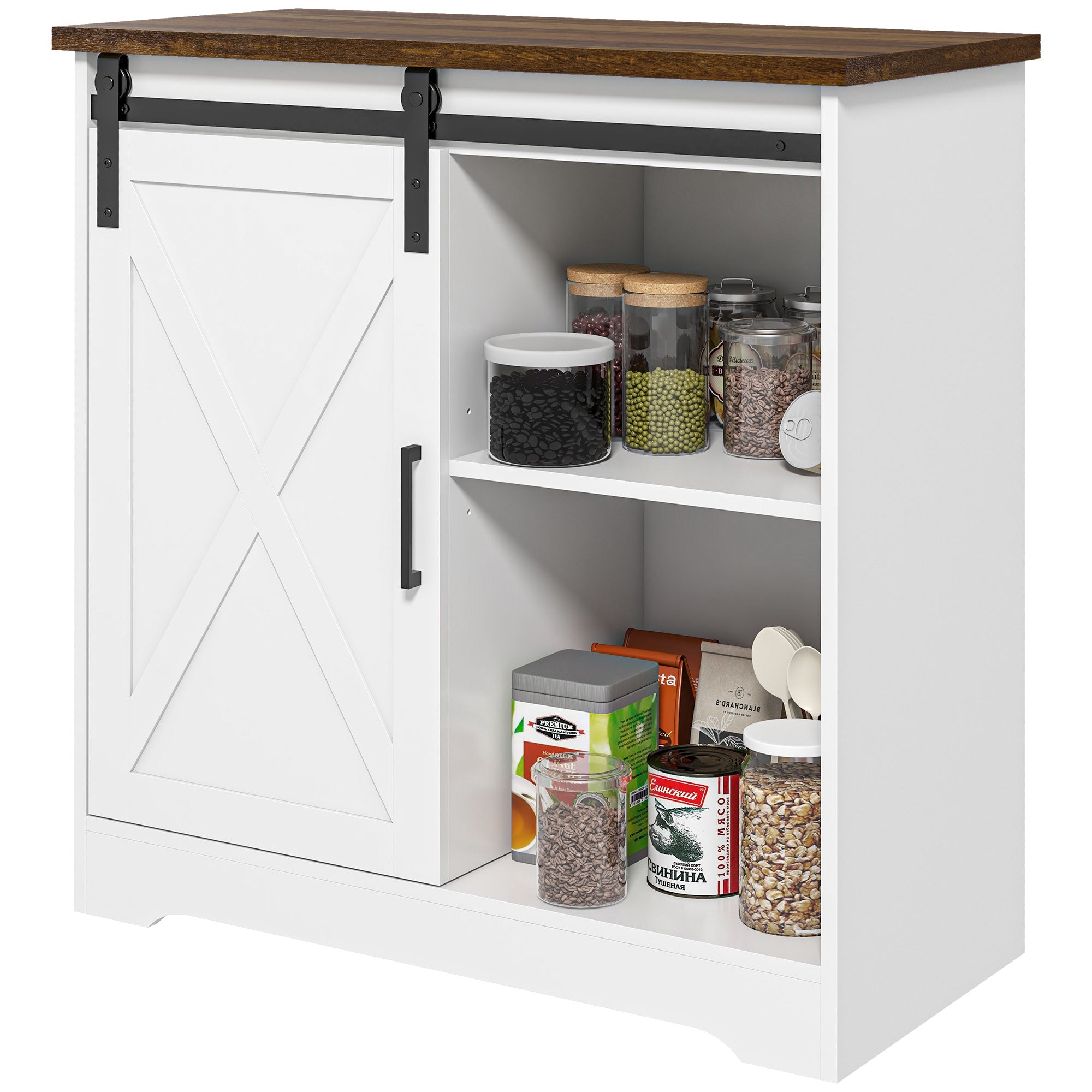 Farmhouse Kitchen Sideboard Buffet Cabinet w/ Sliding Barn Door & Adjustable Shelf, White