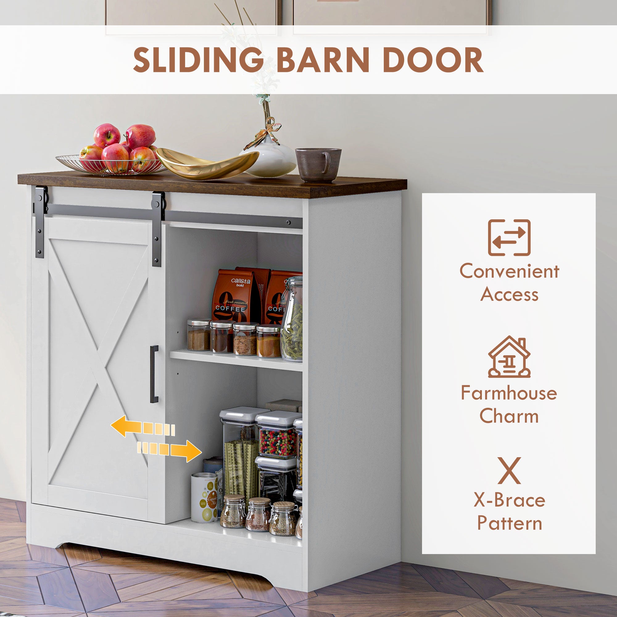 Farmhouse Kitchen Sideboard Buffet Cabinet w/ Sliding Barn Door & Adjustable Shelf, White - HOMCOM