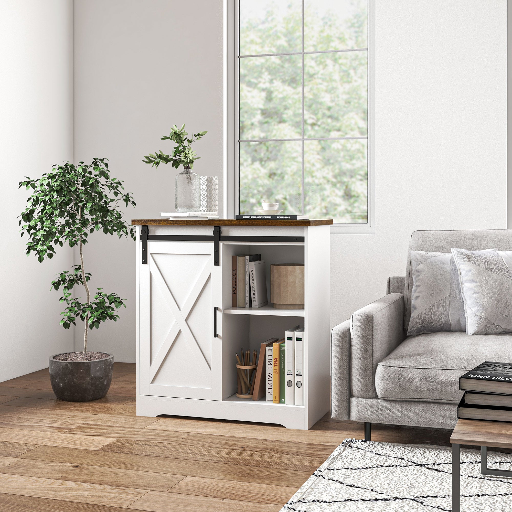 Farmhouse Kitchen Sideboard Buffet Cabinet w/ Sliding Barn Door & Adjustable Shelf, White - HOMCOM